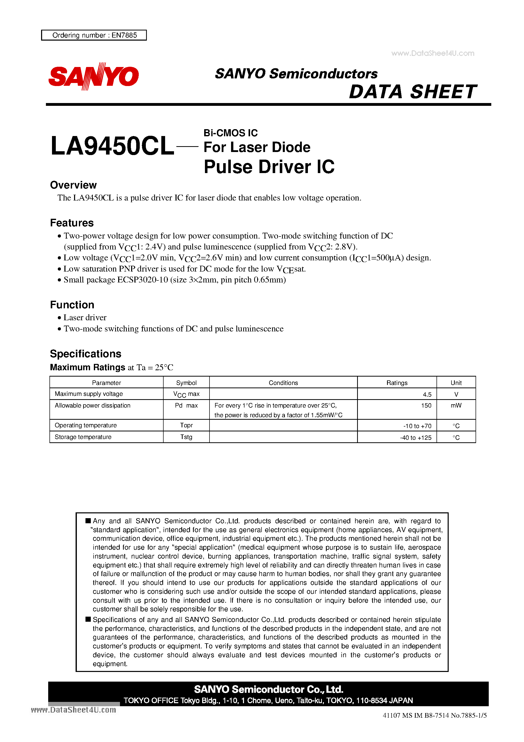 Datasheet LA9450CL - Bi-CMOS IC For Laser Diode For Laser Diode page 1