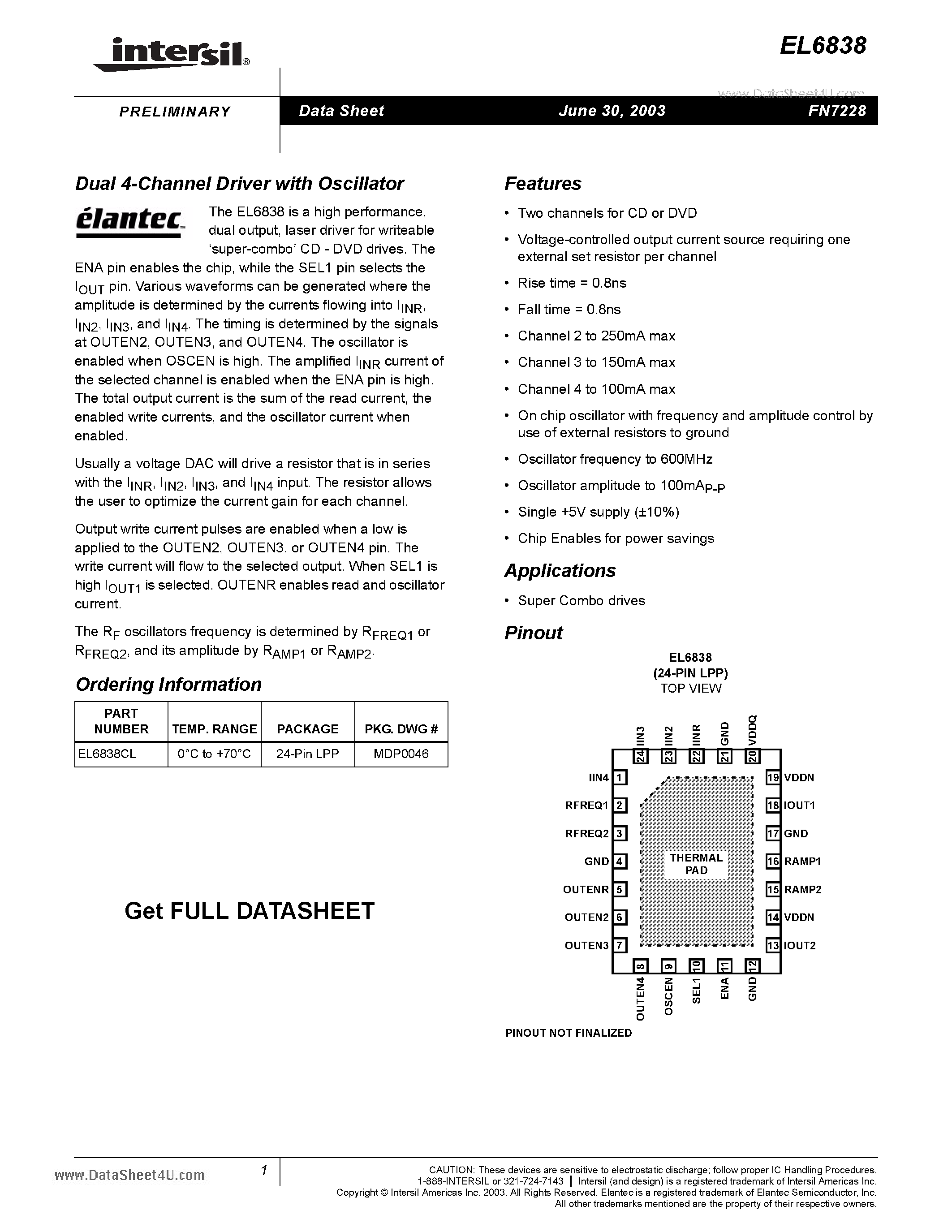 Даташит EL6838 - Dual 4-Channel Driver with Oscillator страница 1