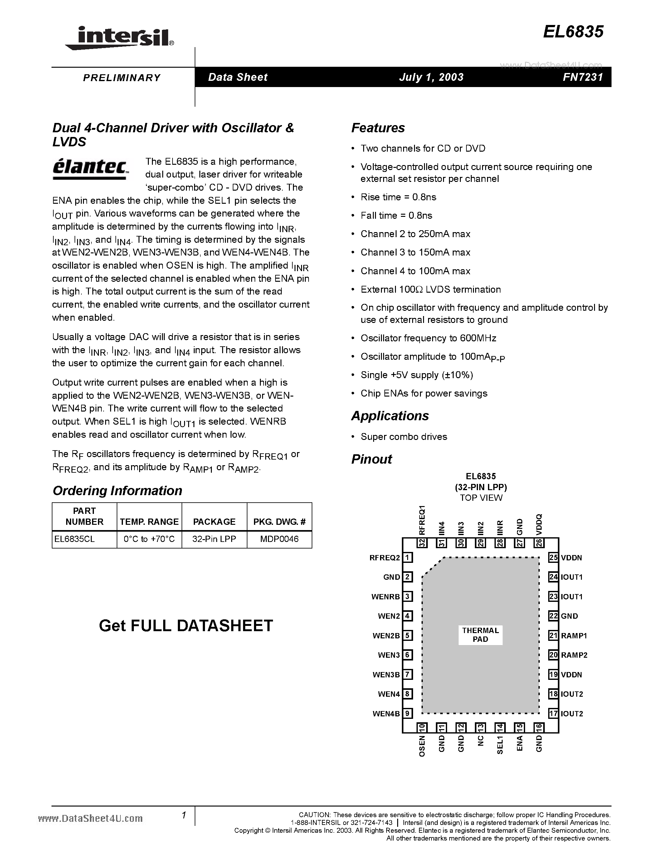 Даташит EL6835 - Dual 4-Channel Driver with Oscillator страница 1