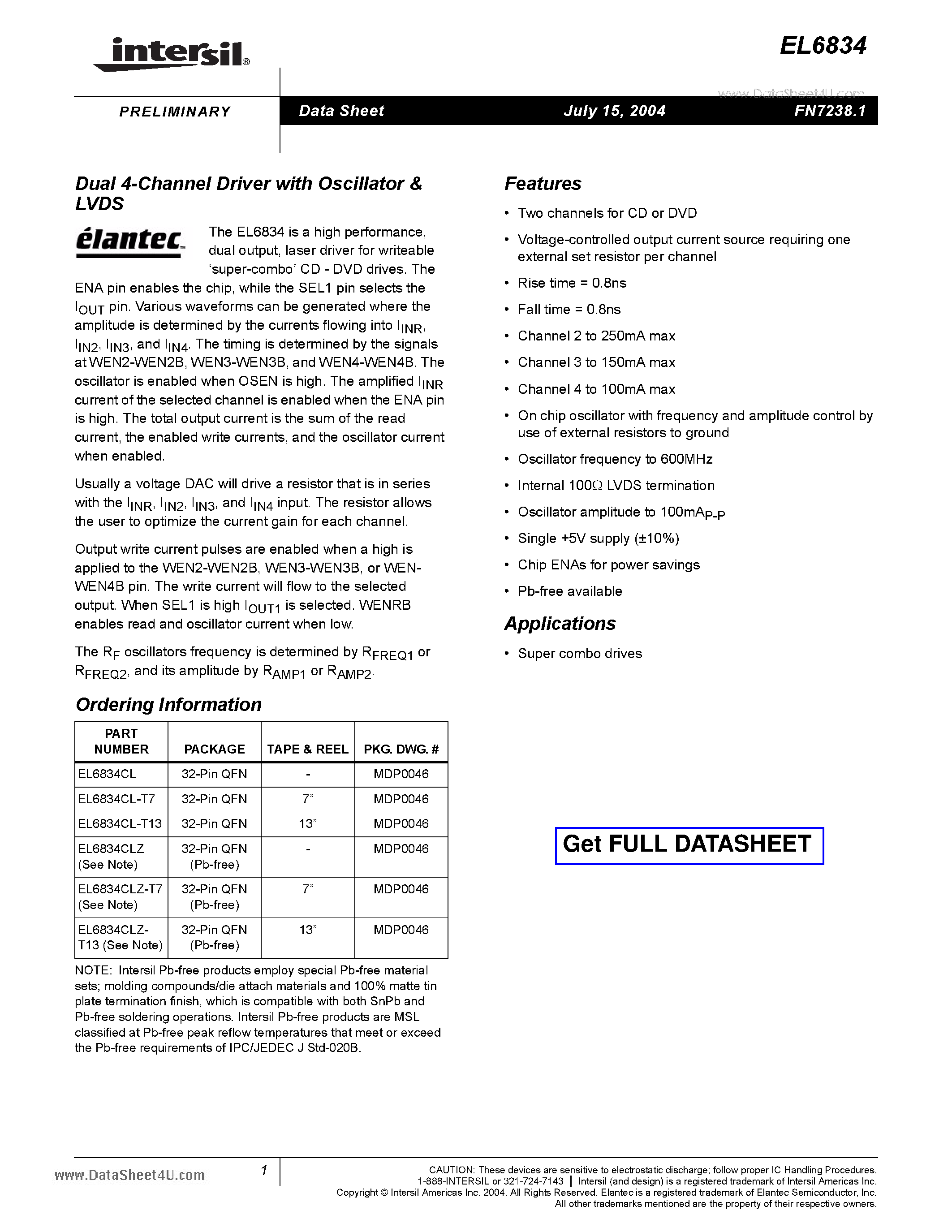 Даташит EL6834 - Dual 4-Channel Driver with Oscillator страница 1