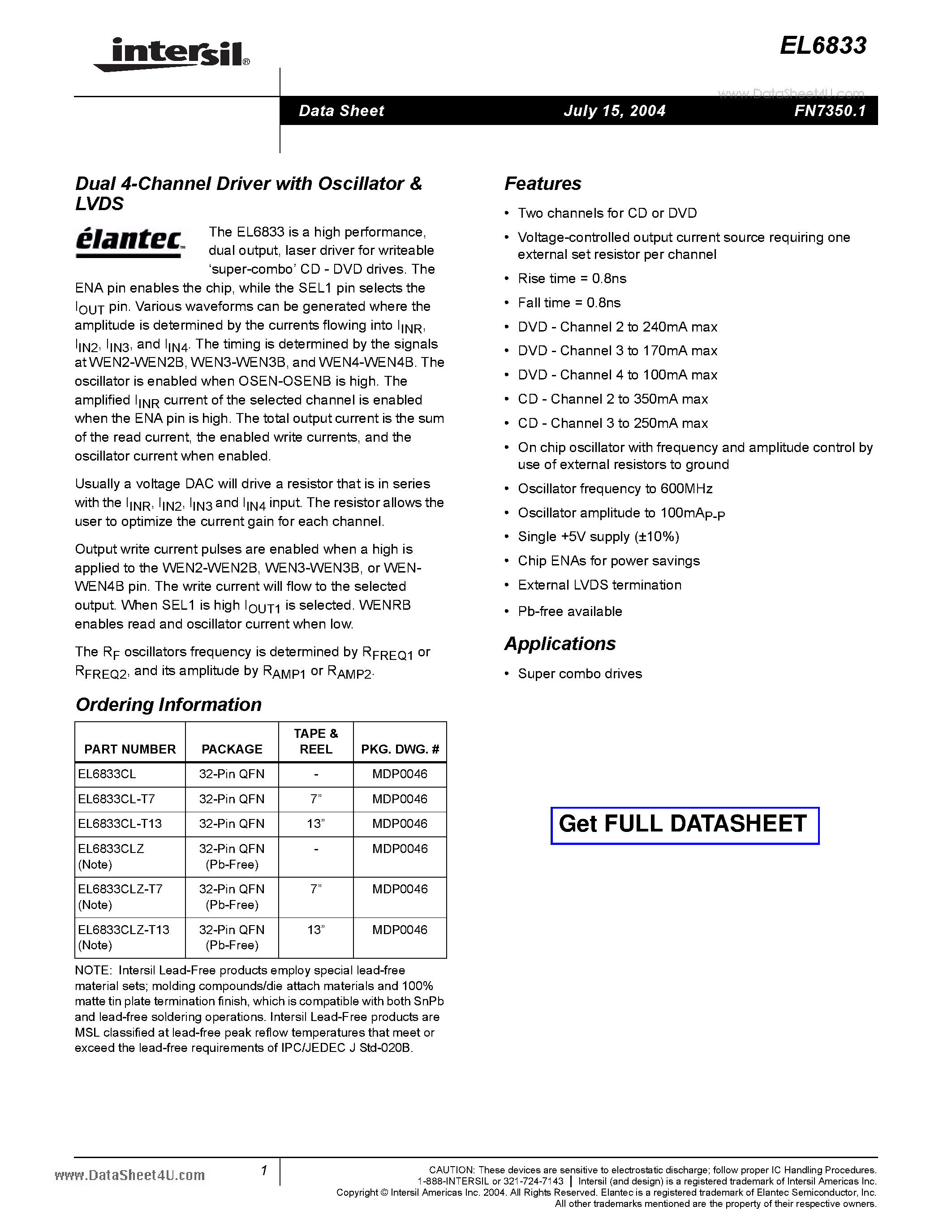 Даташит EL6833 - Dual 4-Channel Driver with Oscillator страница 1