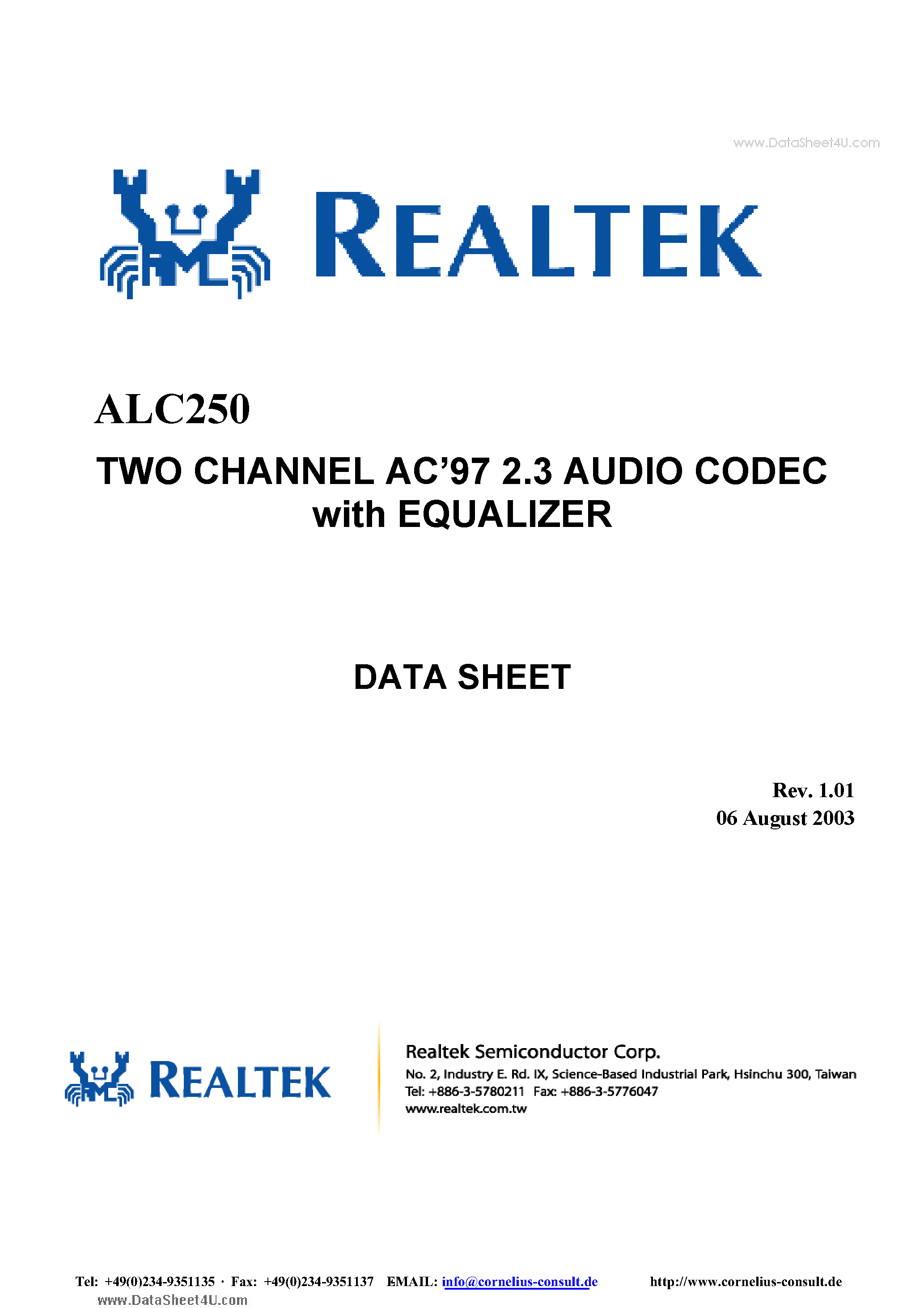 Datasheet ALC250 page 1 Datasheet ALC250 - TWO CHANNEL AC 97 2.3 AUDIO CODEC page 1