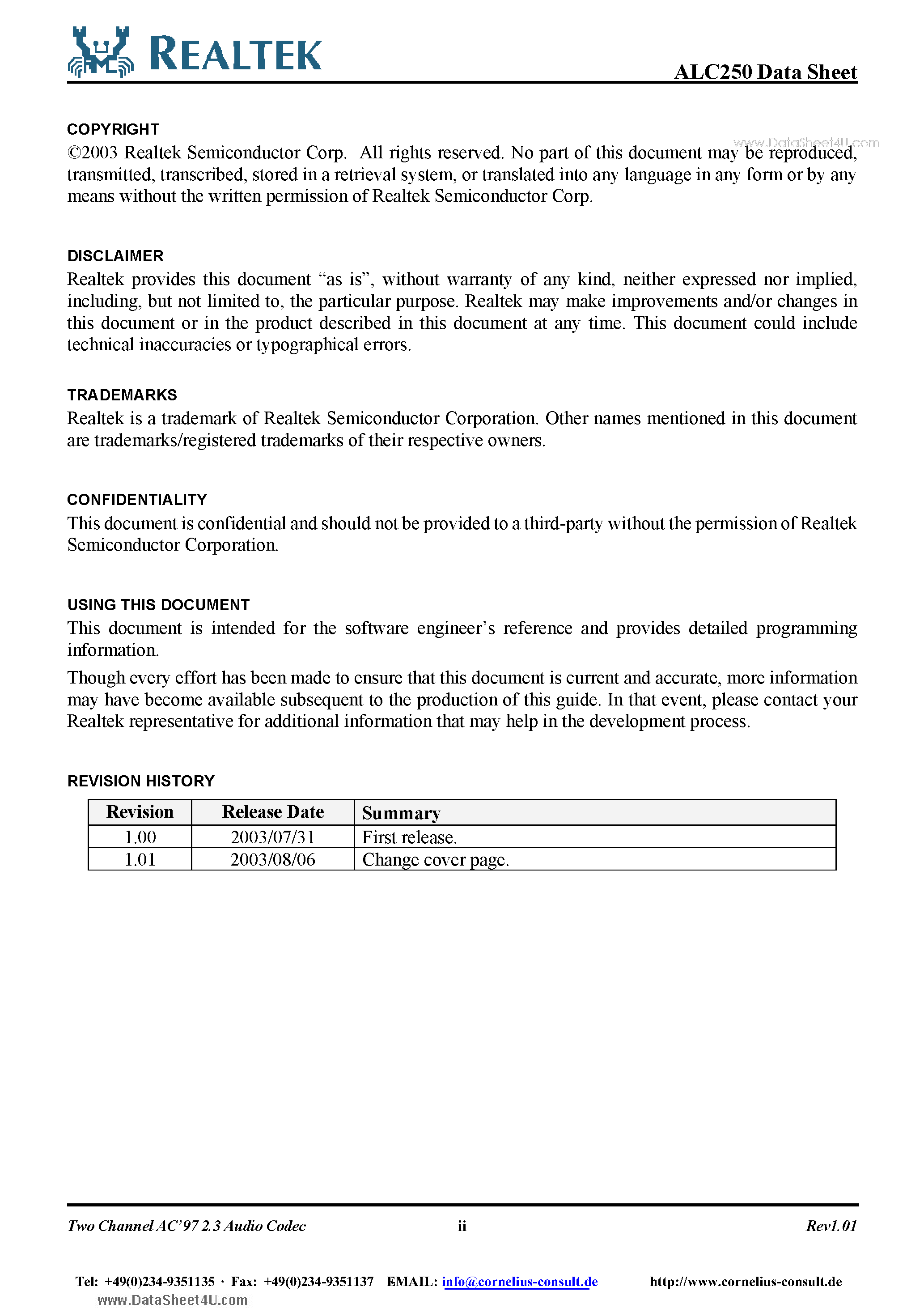 Datasheet ALC250 page 2 Datasheet ALC250 - TWO CHANNEL AC 97 2.3 AUDIO CODEC page 2