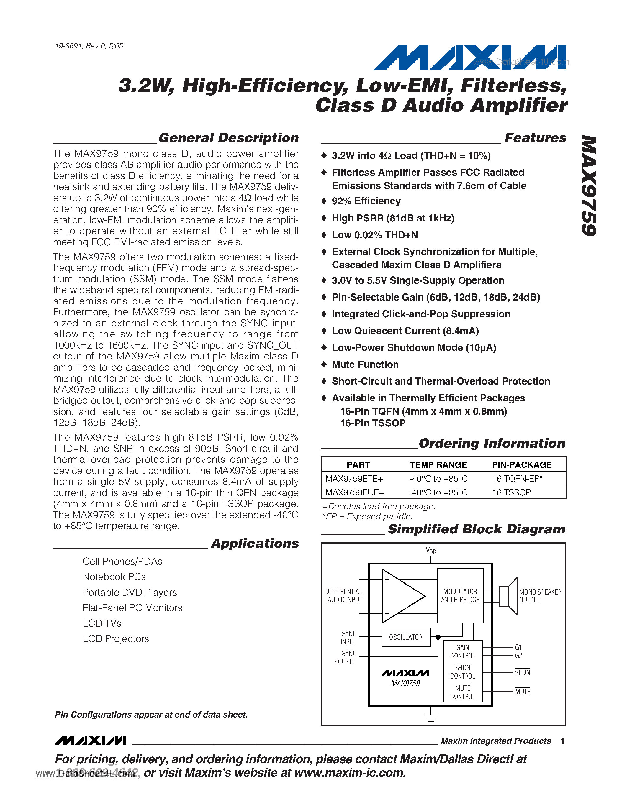 Даташит MAX9759 - 3.2W High-Efficiency Low-EMI Filterless Class D Audio Amplifier страница 1