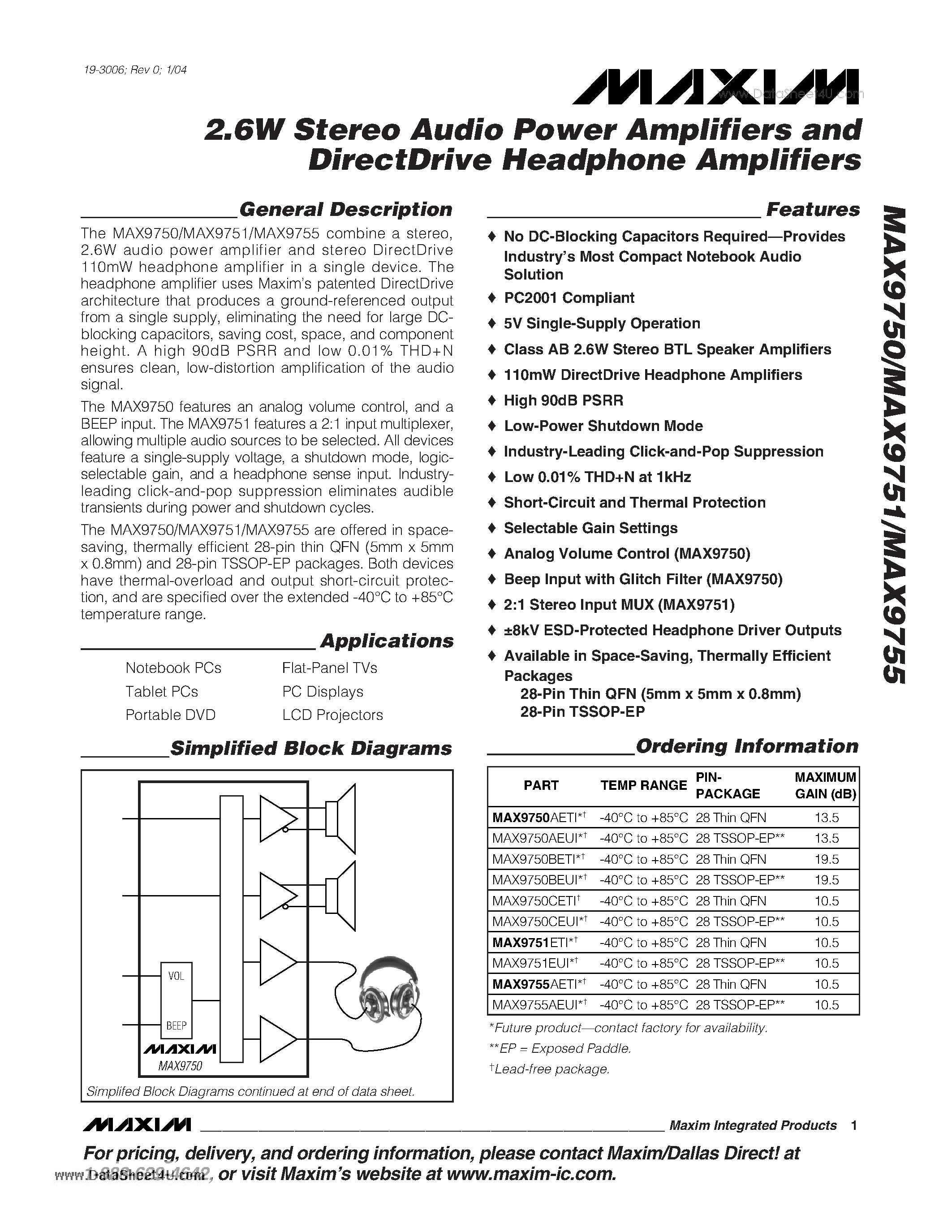 Даташит MAX9750 - 2.6W Stereo Audio Power Amplifiers and DirectDrive Headphone Amplifiers страница 1