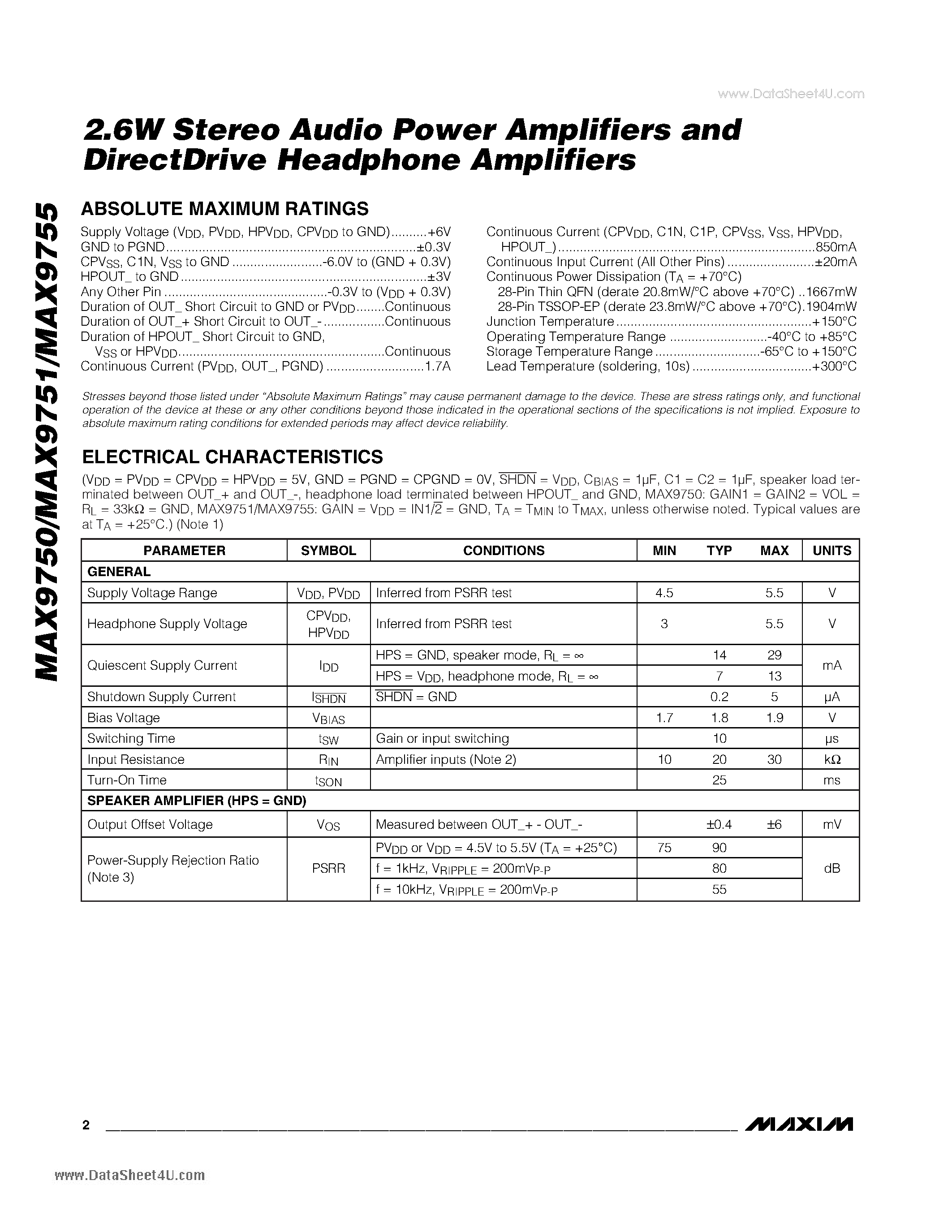 Даташит MAX9750 - 2.6W Stereo Audio Power Amplifiers and DirectDrive Headphone Amplifiers страница 2