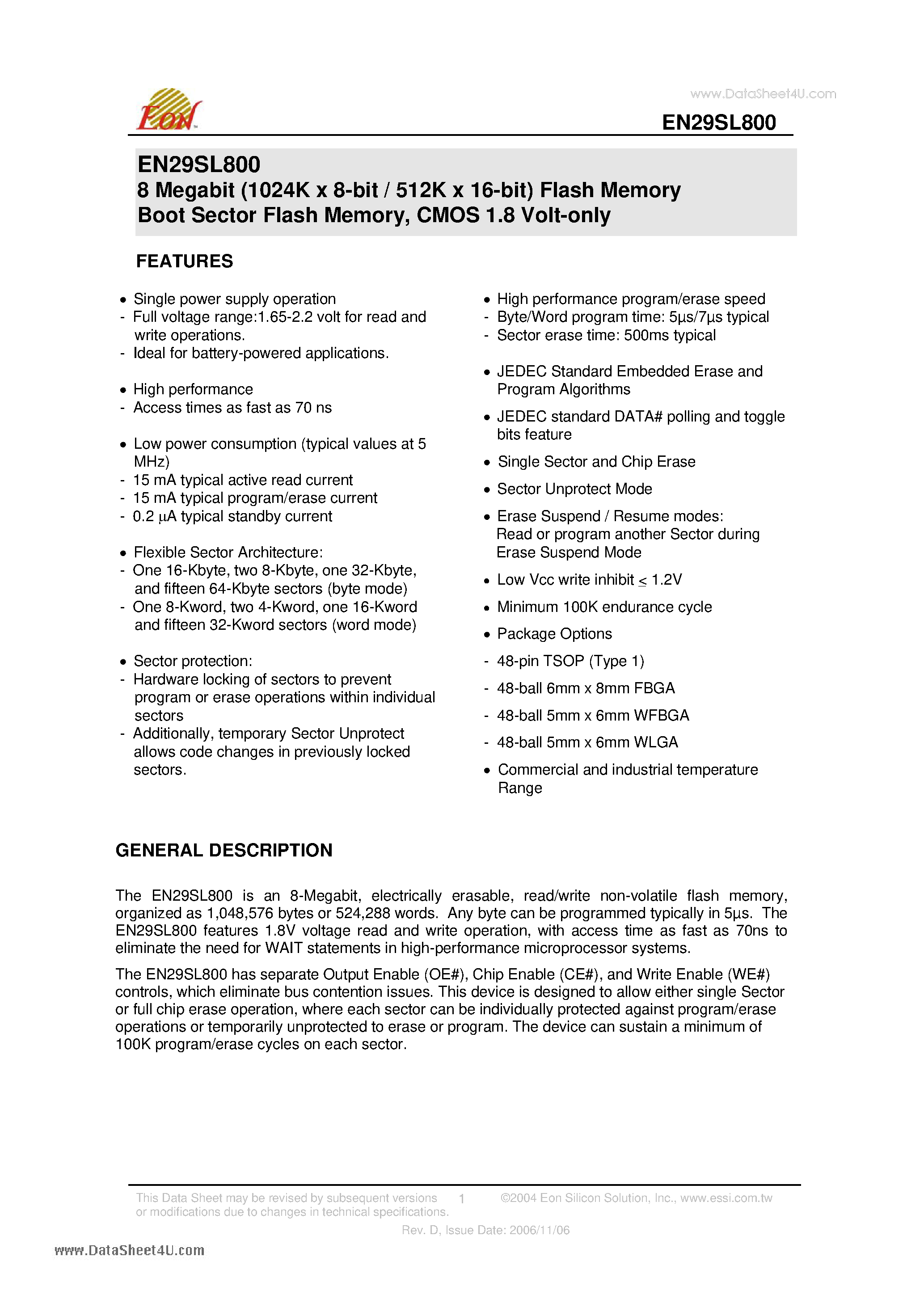 Datasheet EN29SL800 - 8 Megabit (1024K x 8-bit / 512K x 16-bit) Flash Memory Boot Sector Flash Memory CMOS 1.8 Volt-only page 1