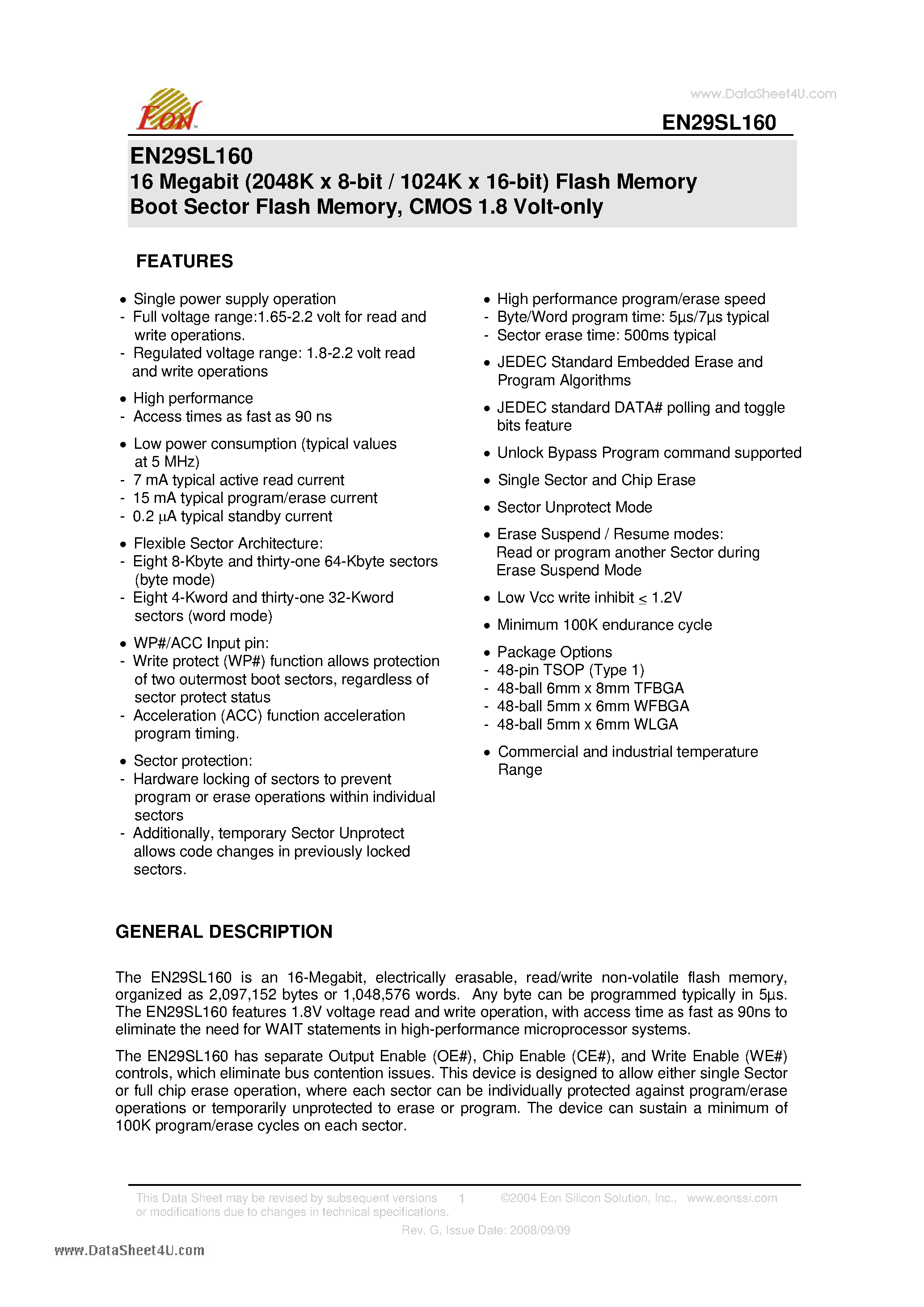 Datasheet EN29SL160 - 16 Megabit (2048K x 8-bit / 1024K x 16-bit) Flash Memory page 1