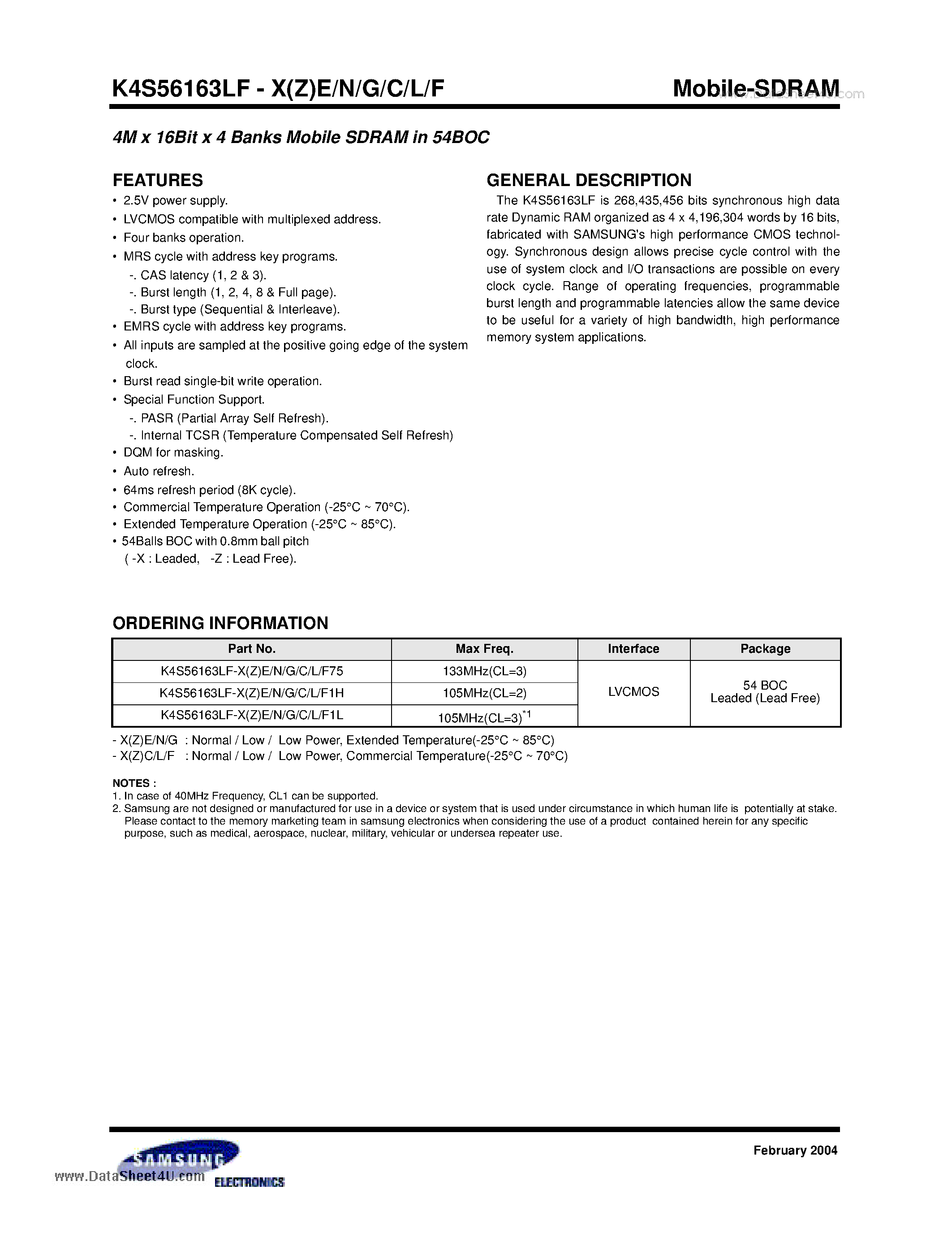 Даташит на микросхему K4S56163LF-XC страница 1 Даташит K4S56163LF-XC - 4M x 16Bit x 4 Banks Mobile SDRAM страница 1