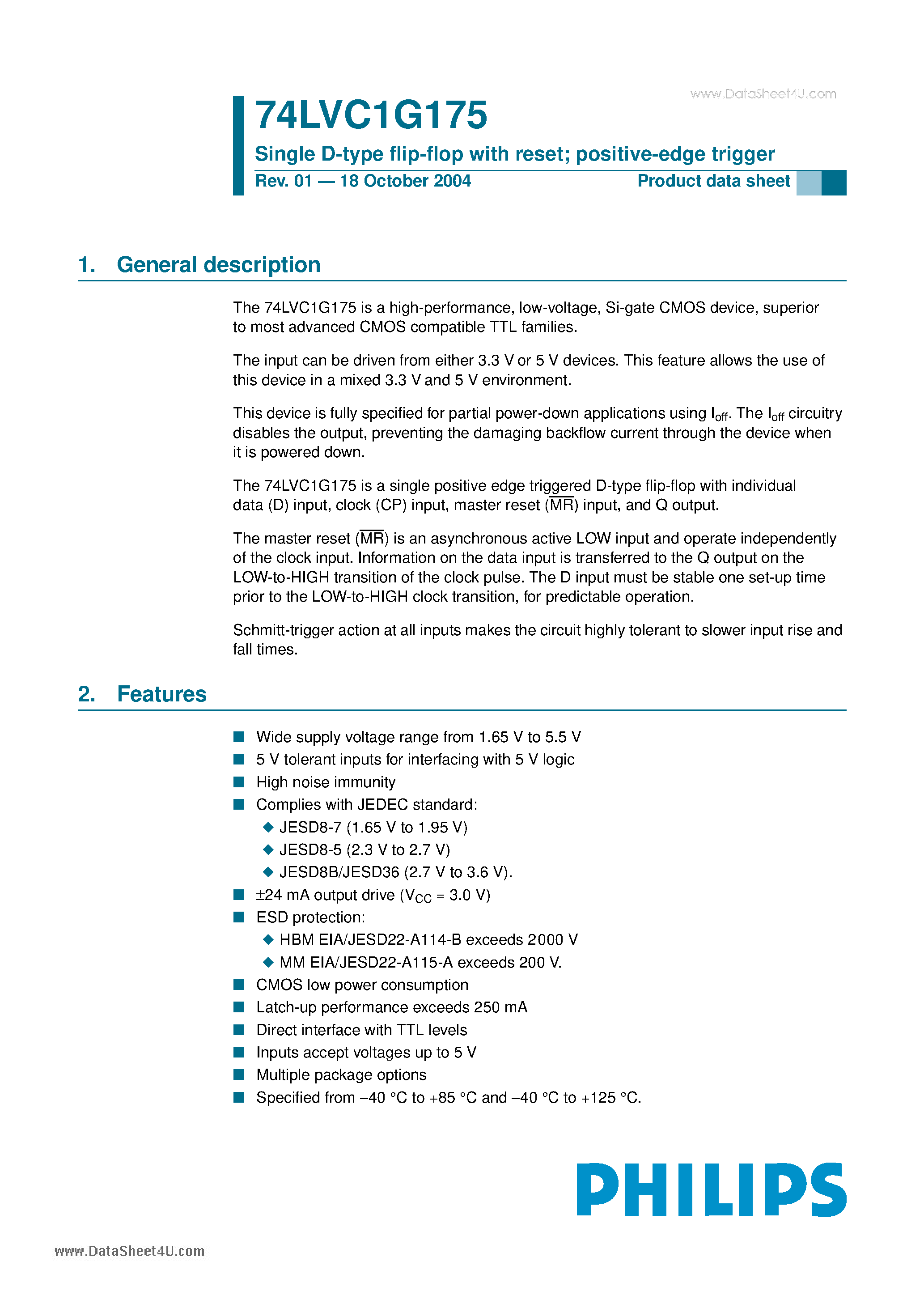 Даташит 74LVC1G175 - Single D-type flip-flop страница 1