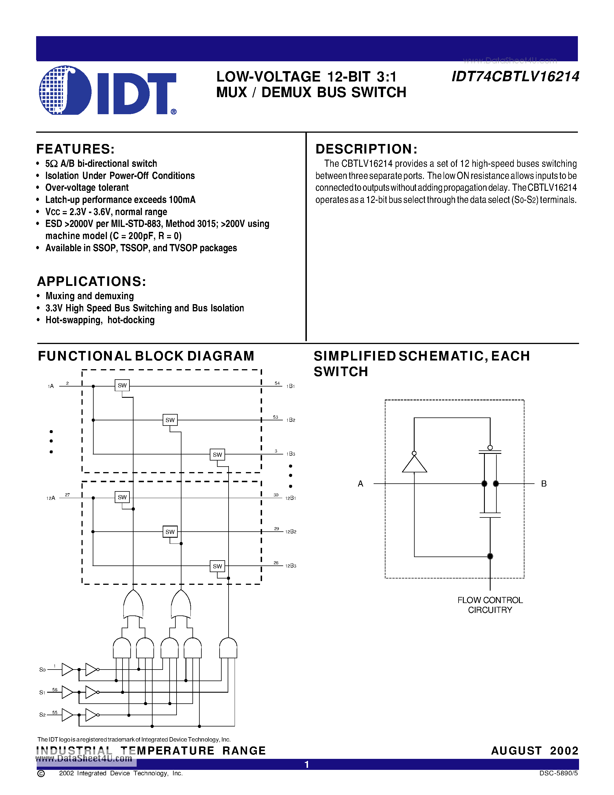 Datasheet IDT74CBTLV16214 - LOW-VOLTAGE 12-BIT 3:1 MUX / DEMUX BUS SWITCH page 1