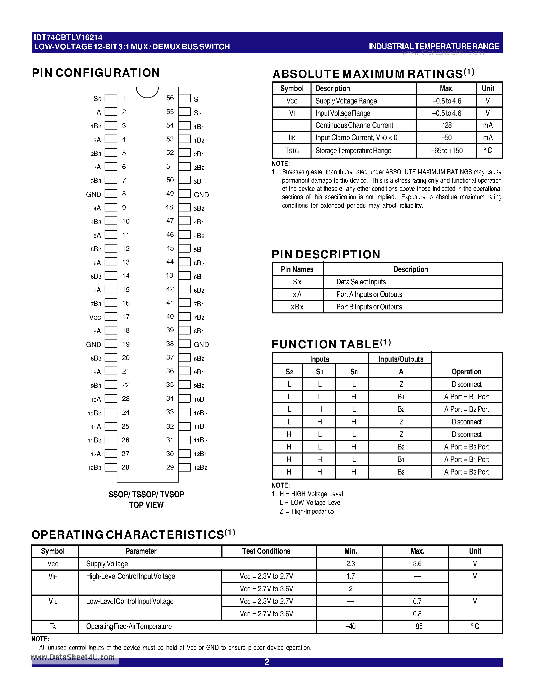Datasheet IDT74CBTLV16214 - LOW-VOLTAGE 12-BIT 3:1 MUX / DEMUX BUS SWITCH page 2