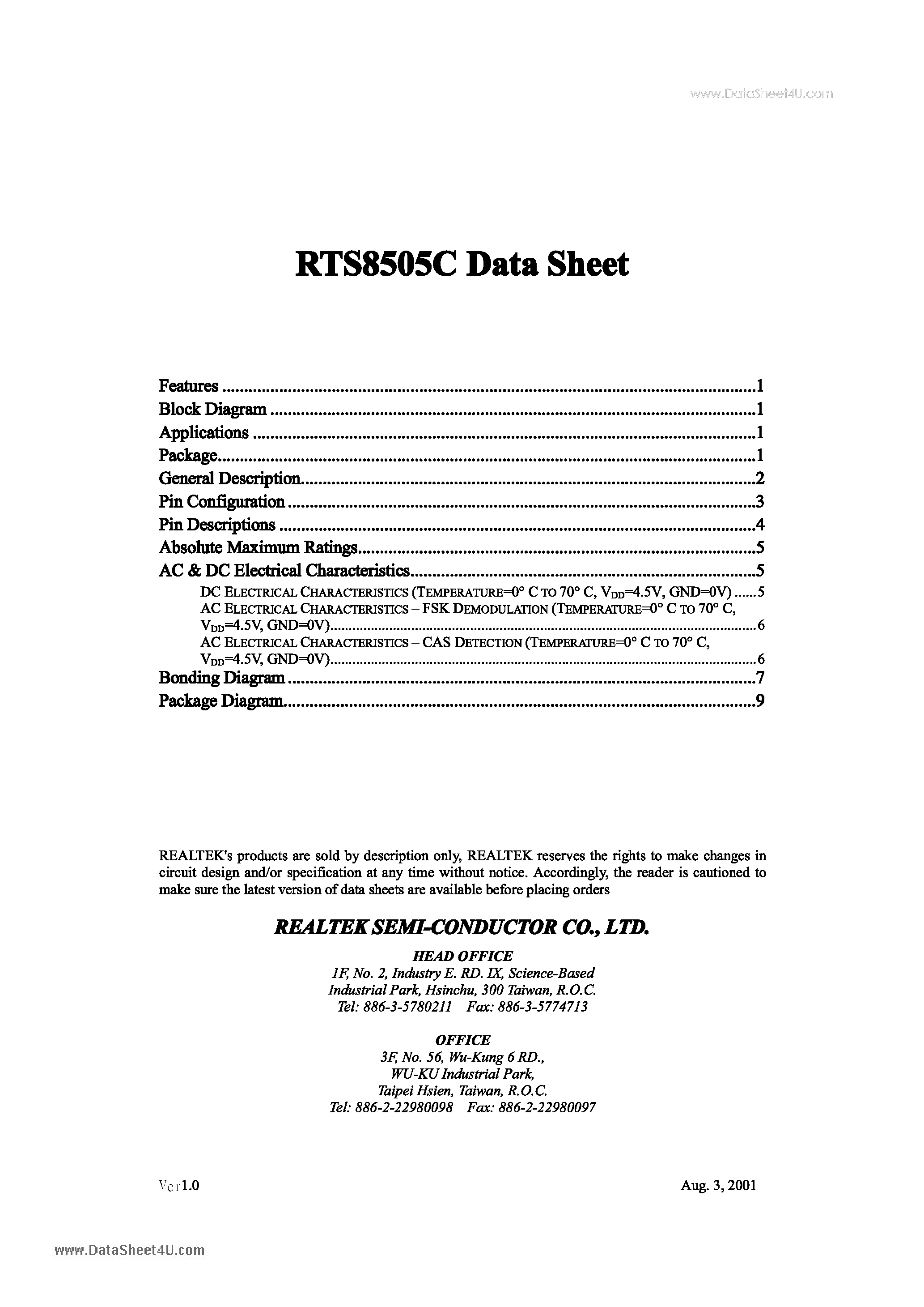 Datasheet RTS8505C page 1 Datasheet RTS8505C - The RTS8505C is a caller ID integrated chip page 1