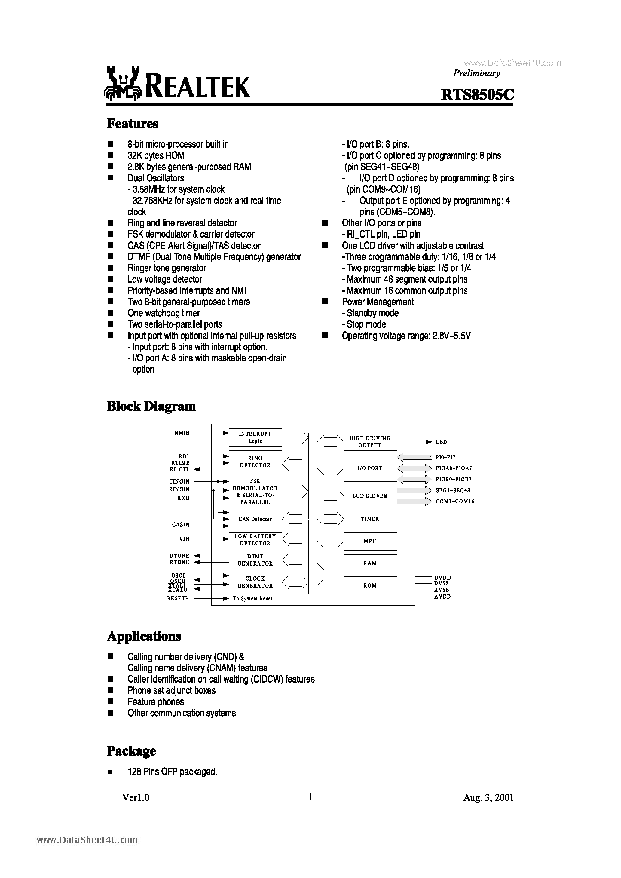 Datasheet RTS8505C page 2 Datasheet RTS8505C - The RTS8505C is a caller ID integrated chip page 2