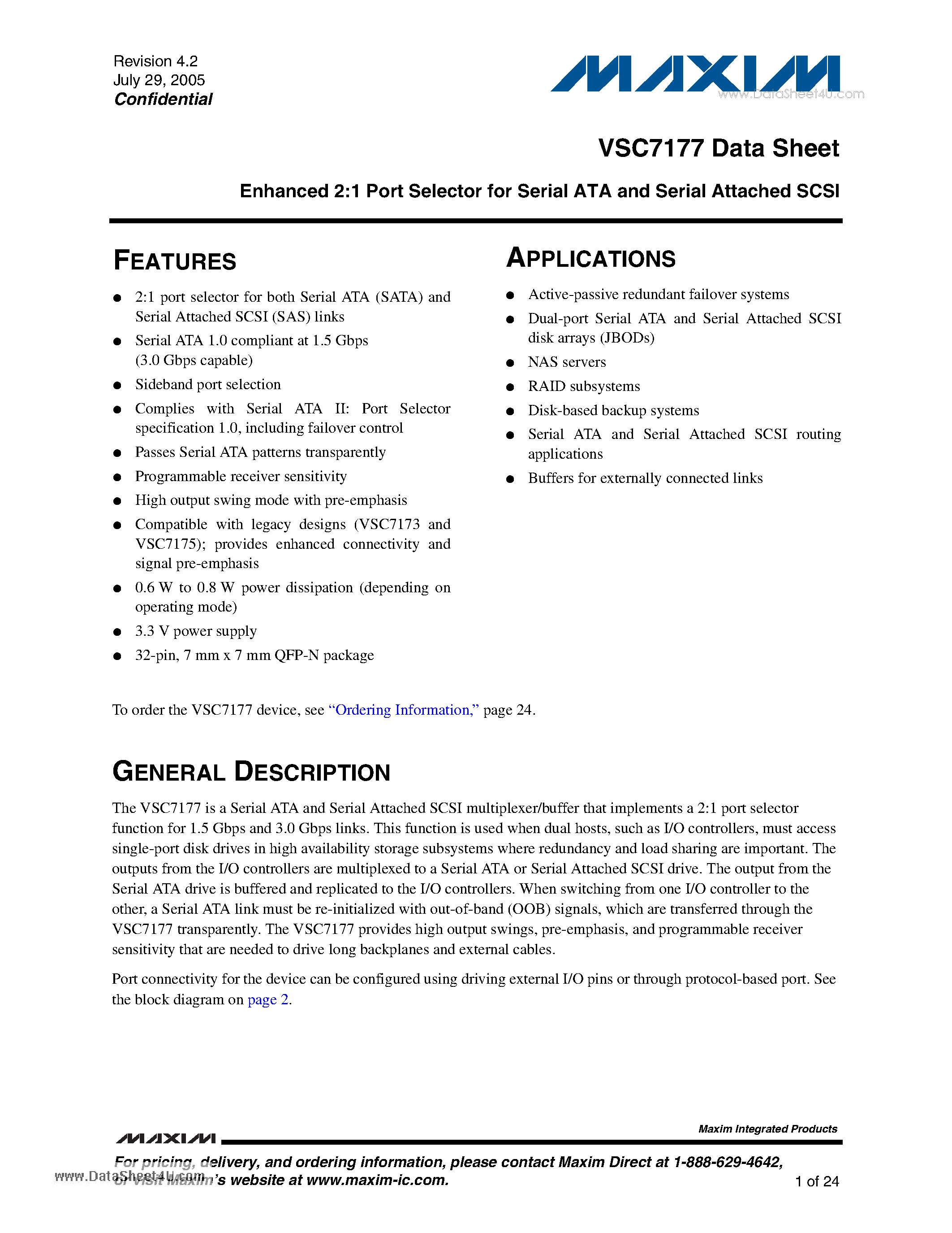 Datasheet VSC7177 - Enhanced 2:1 Port Selector page 1