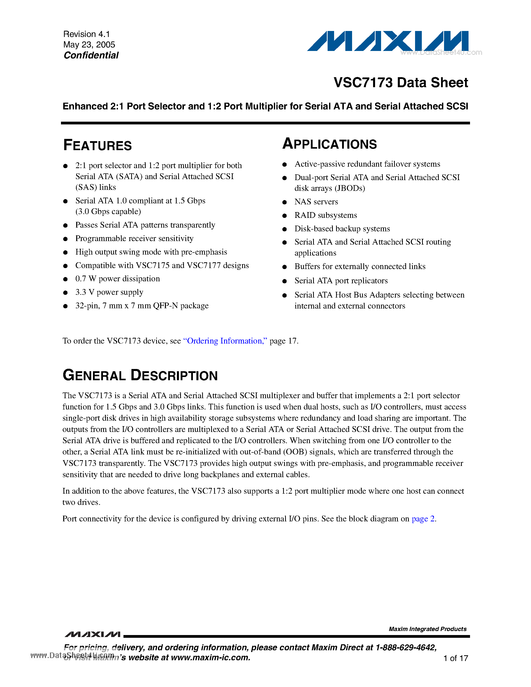 Datasheet VSC7173 - Enhanced 2:1 Port Selector and 1:2 Port Multiplier page 1