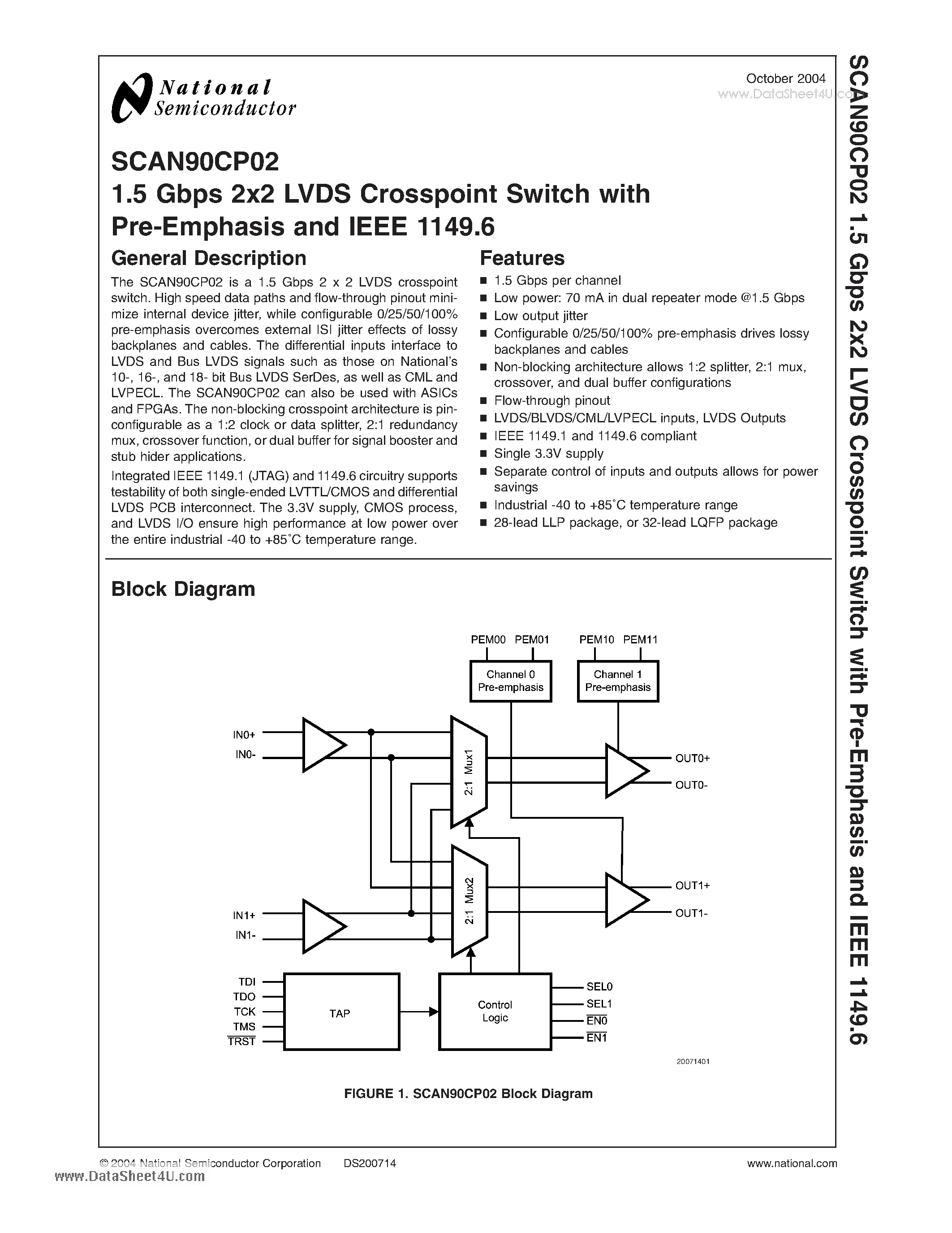 Datasheet SCAN90CP02 - 1.5 Gbps 2x2 LVDS Crosspoint Switch page 1