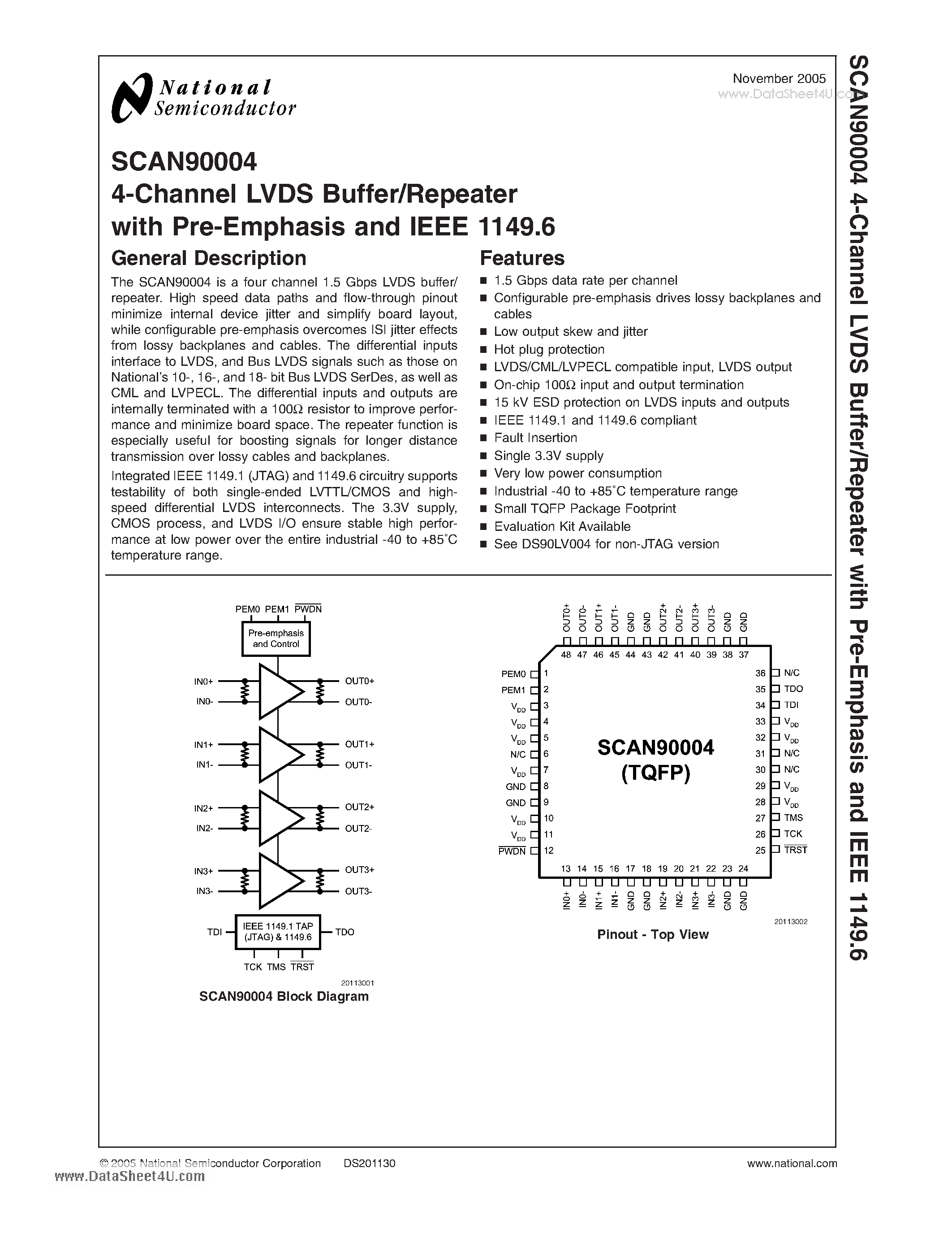 Datasheet SCAN90004 - 4-Channel LVDS Buffer/Repeater page 1