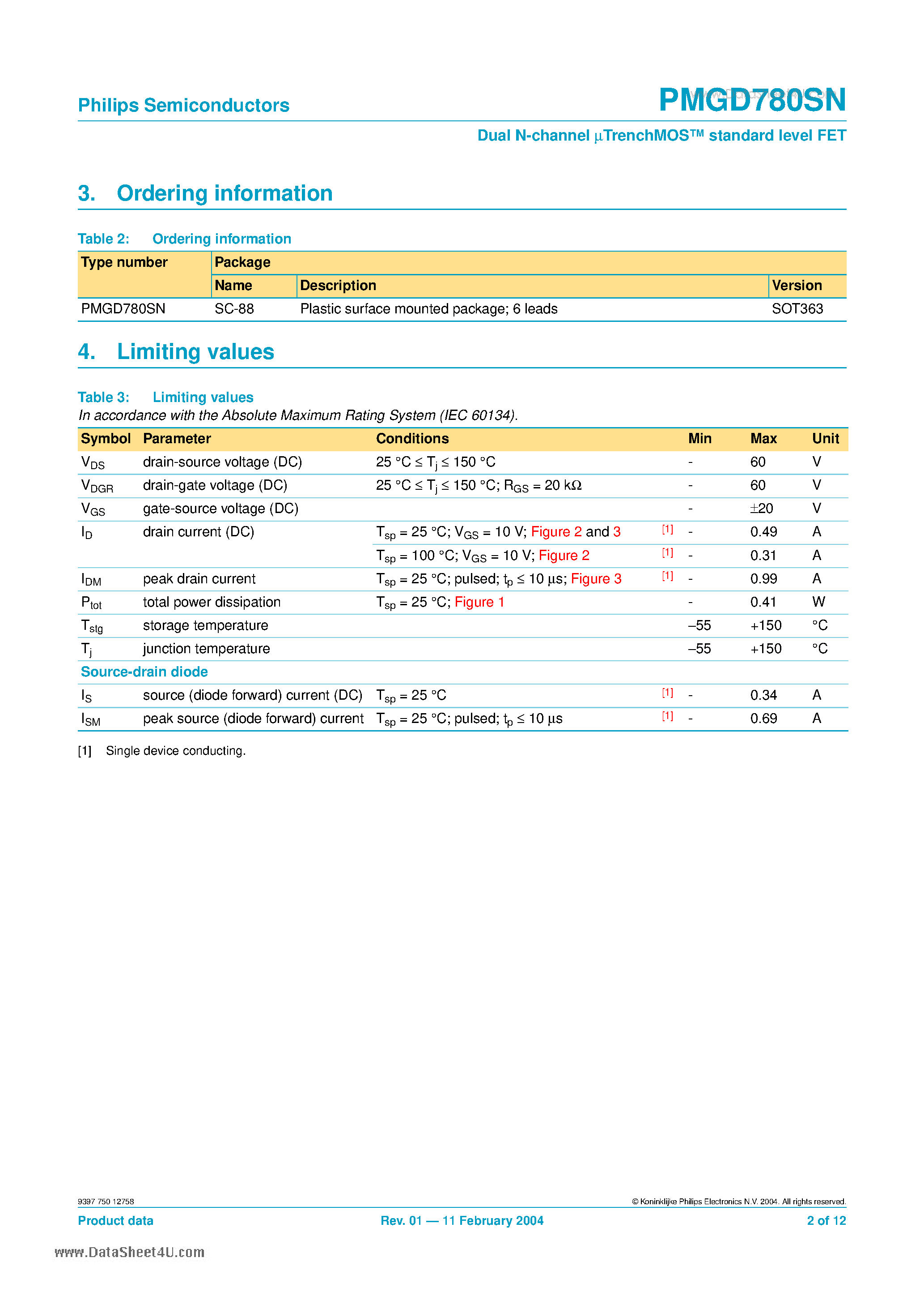 Datasheet PMGD780SN - Dual N-channel mTrenchMOS standard level FET page 2