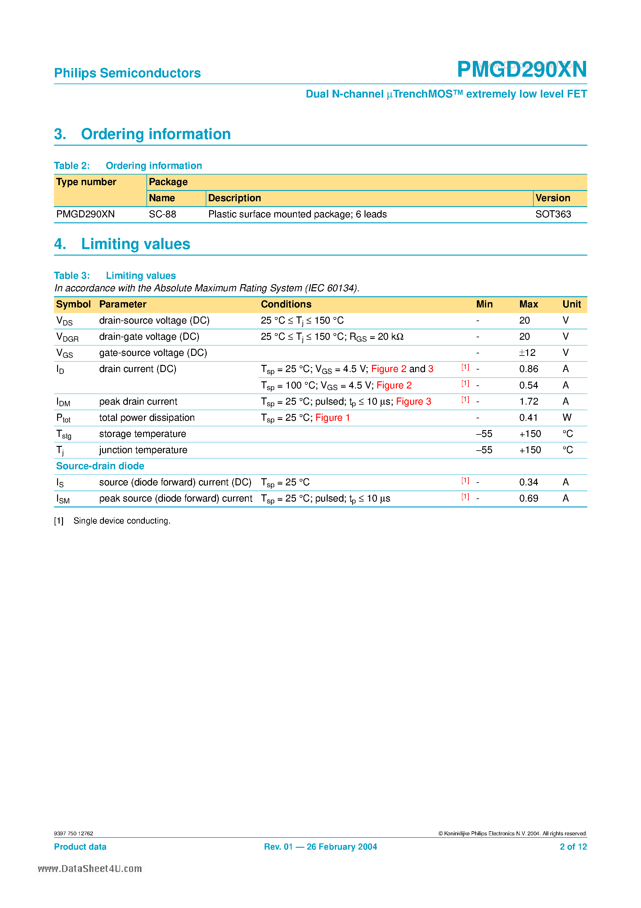 Datasheet PMGD290XN - Dual N-channel mTrenchMOS extremely low level FET page 2