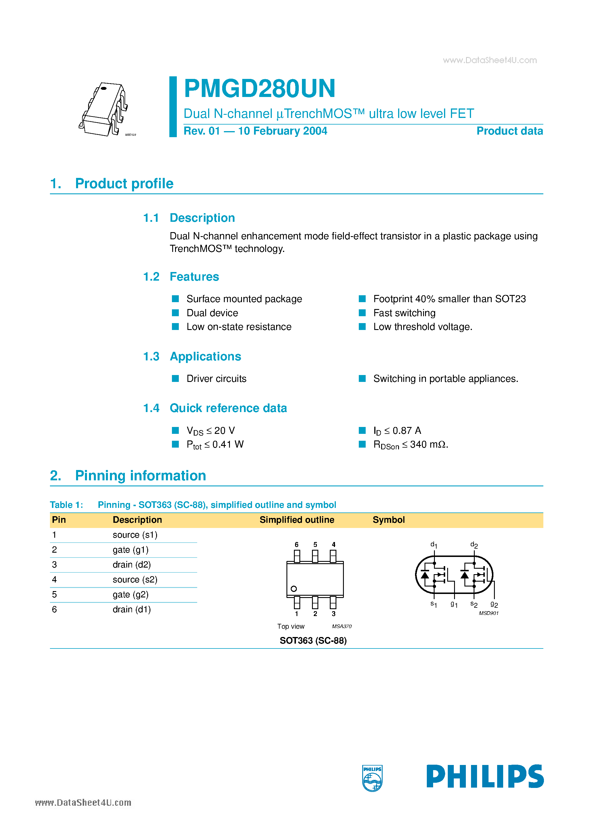 Datasheet PMGD280UN - Dual N-channel mTrenchMOS ultra low level FET page 1