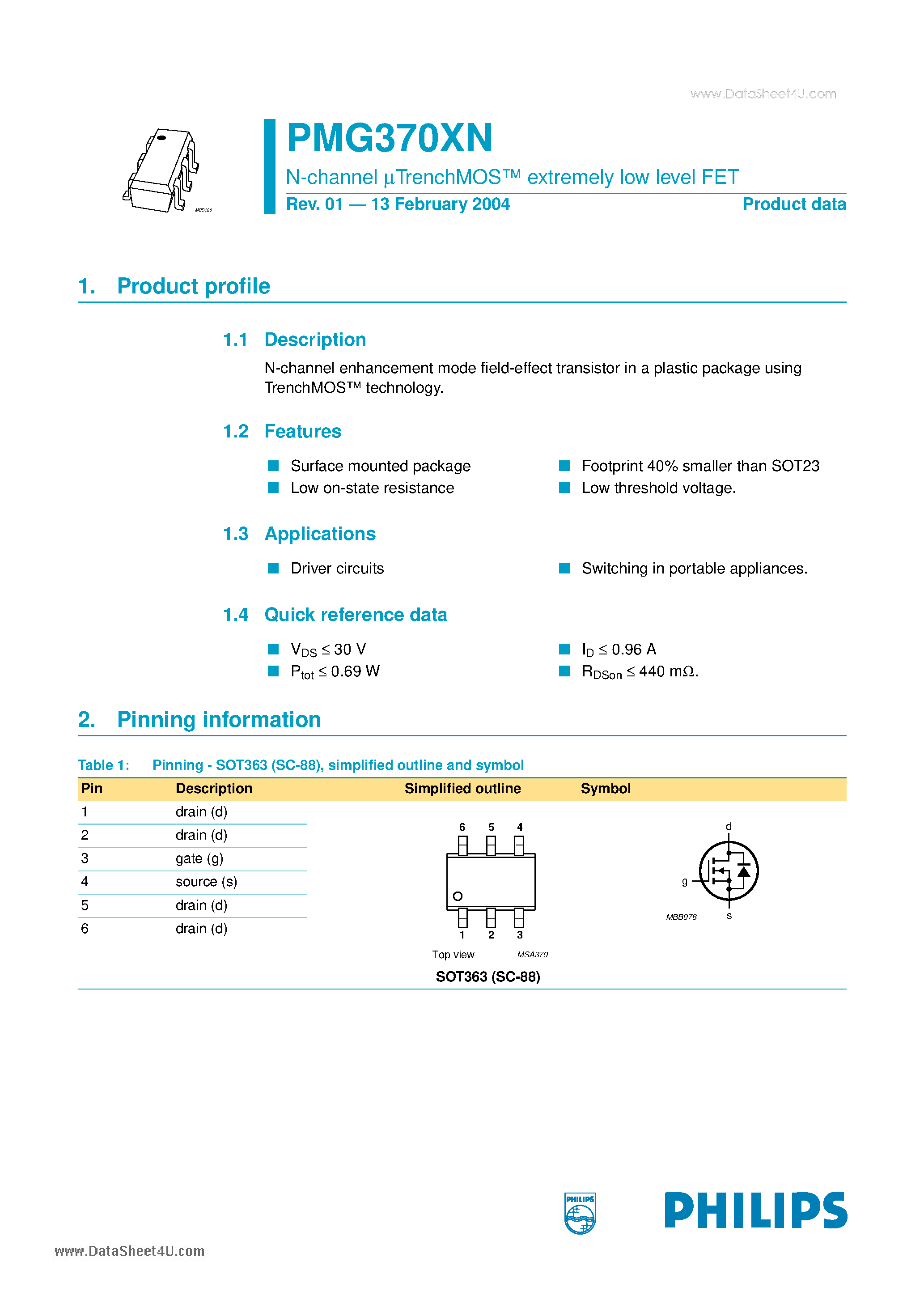 Datasheet PMG370XN - N-channel mTrenchMOS extremely low level FET page 1