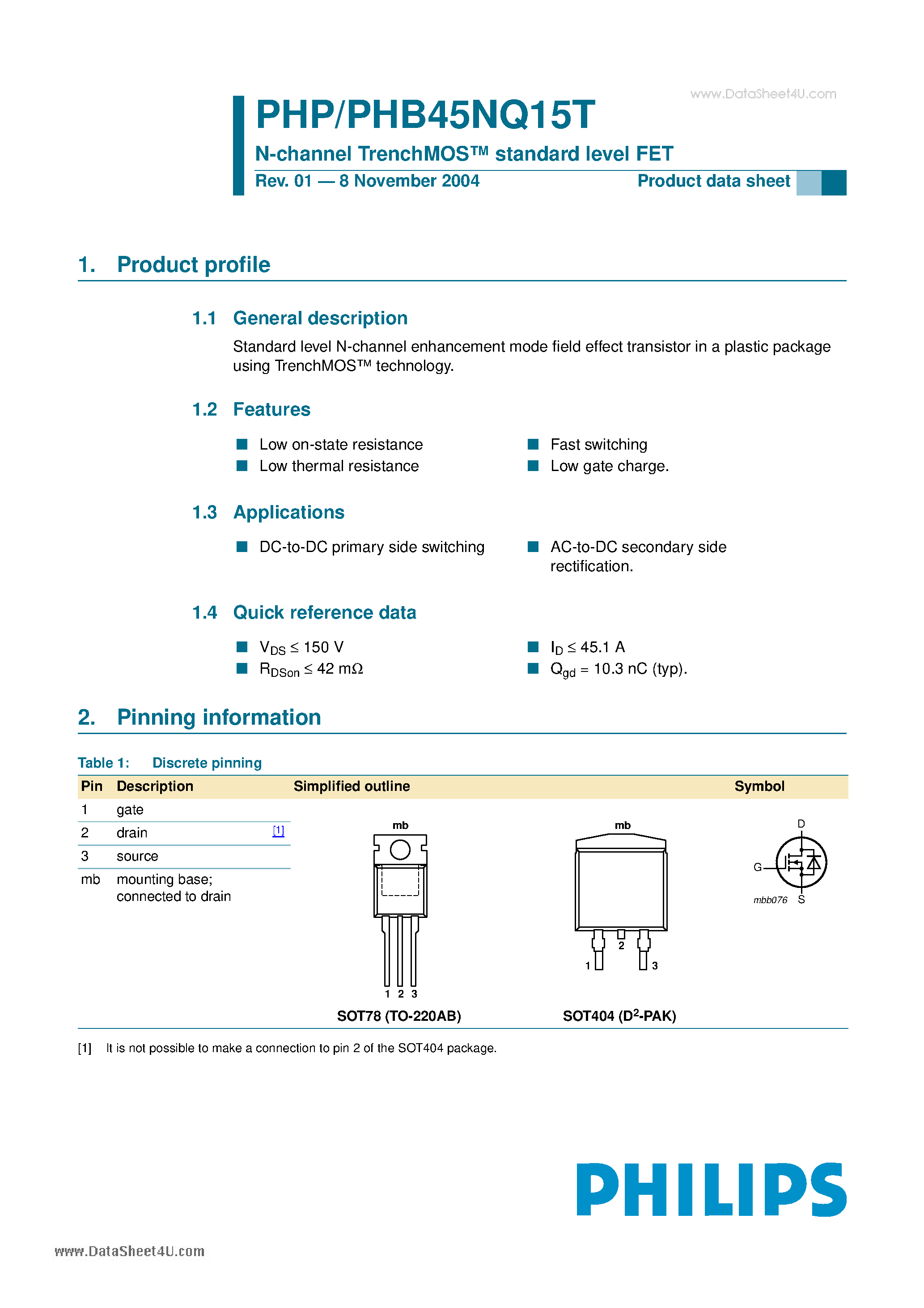 Datasheet PHB45NQ15T - N-channel TrenchMOS standard level FET page 1