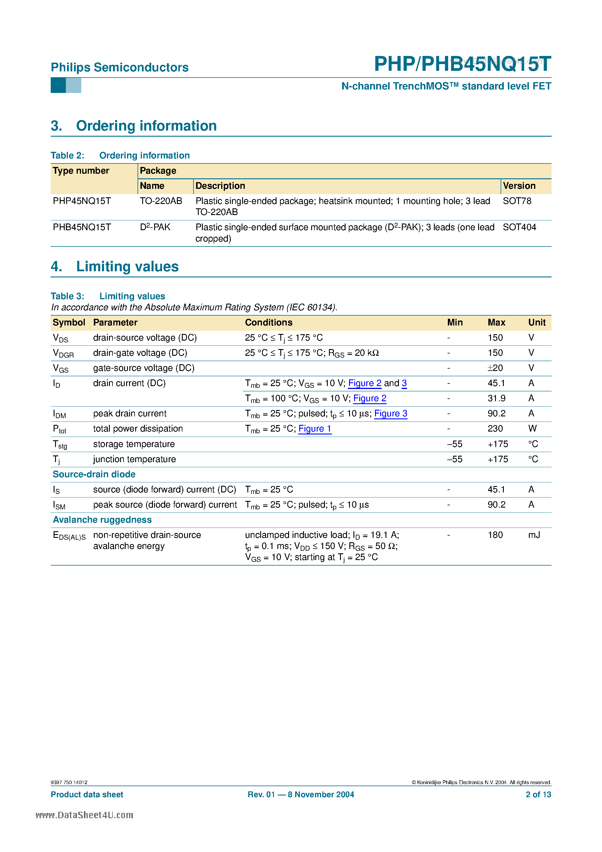 Datasheet PHB45NQ15T - N-channel TrenchMOS standard level FET page 2