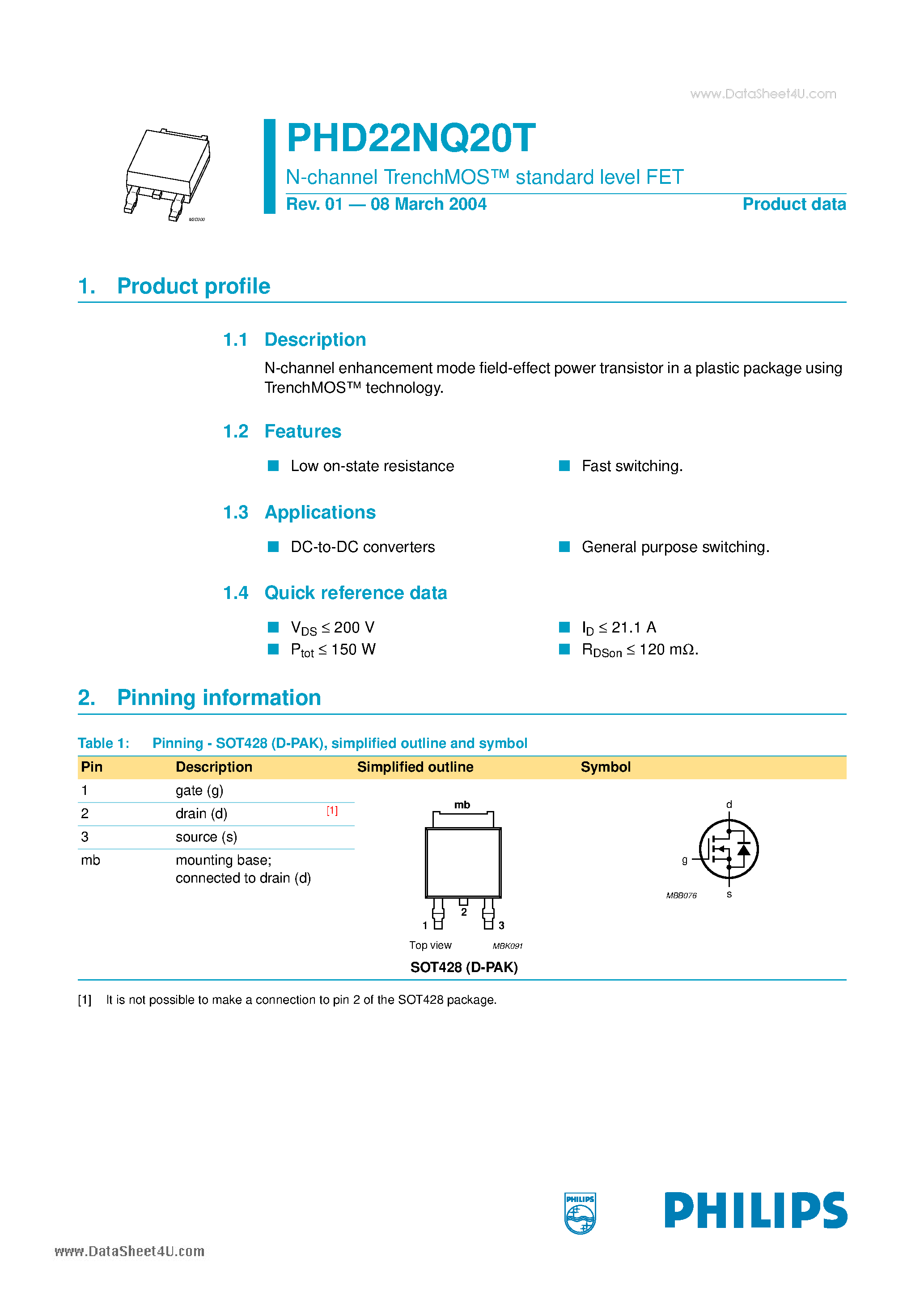 Datasheet PHD22NQ20T - N-channel TrenchMOS standard level FET page 1