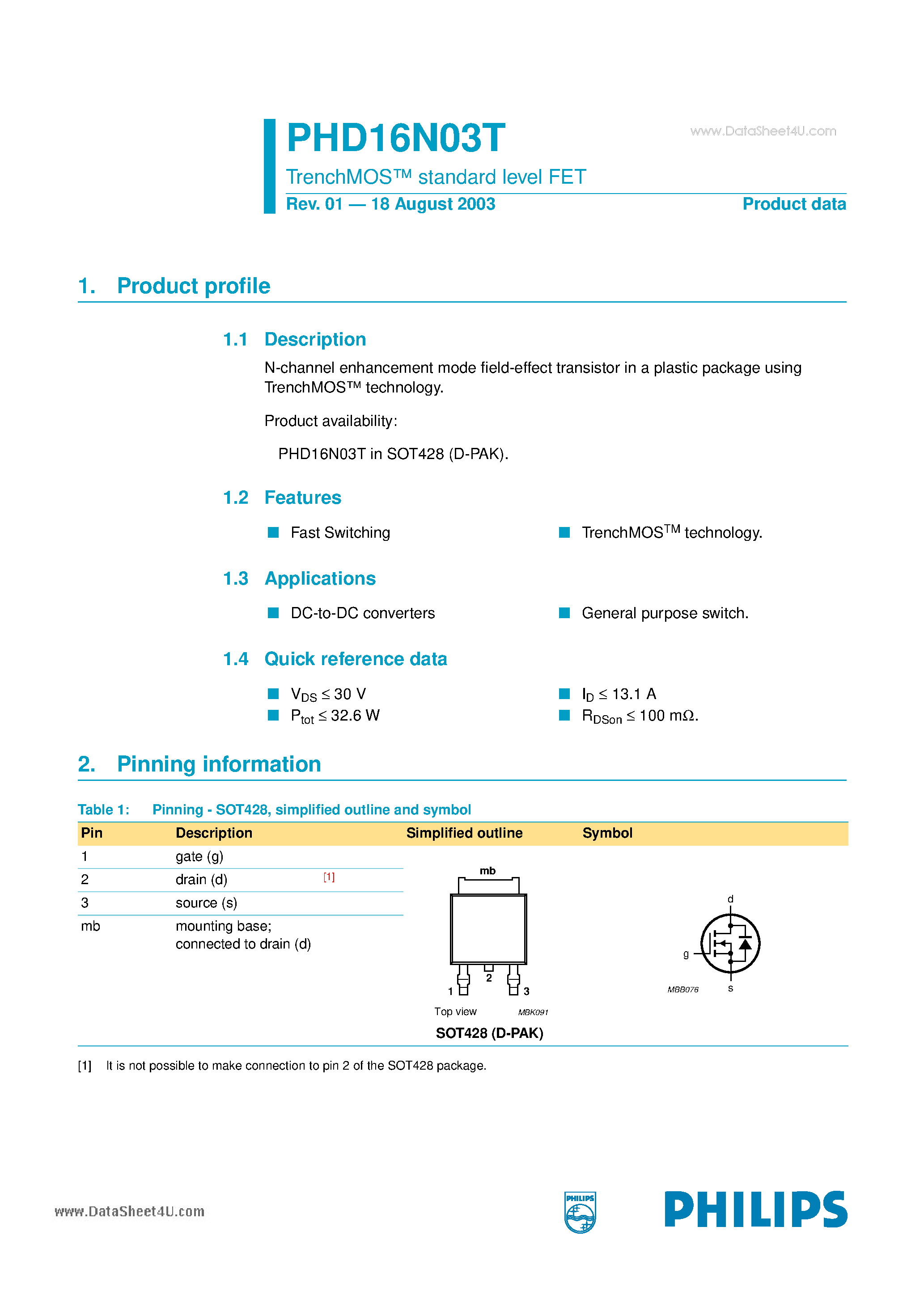 Даташит на микросхему PHD16N03T страница 1 Даташит PHD16N03T - TrenchMOS standard level FET страница 1