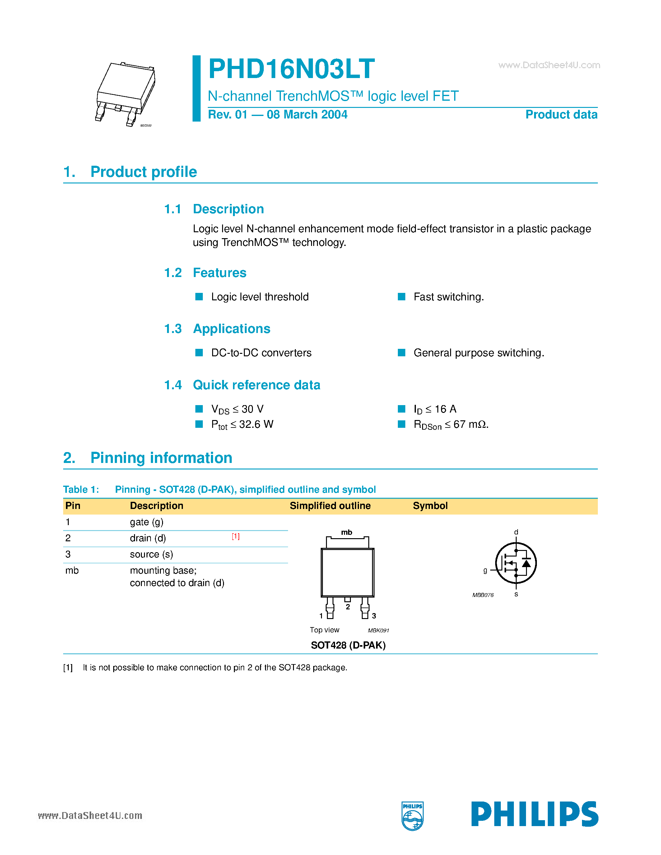 Datasheet PHD16N03LT - N-channel TrenchMOS logic level FET page 1