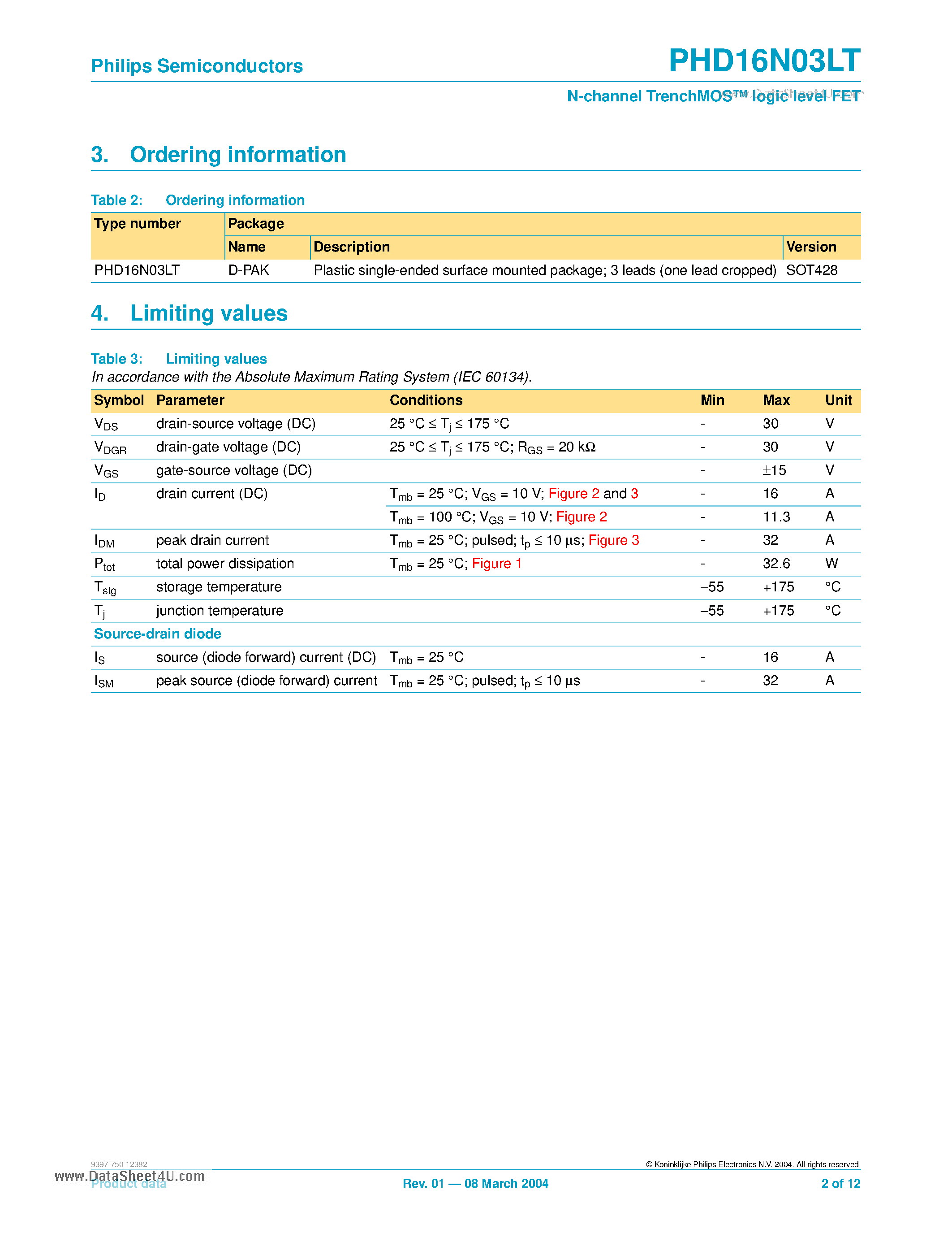 Datasheet PHD16N03LT - N-channel TrenchMOS logic level FET page 2