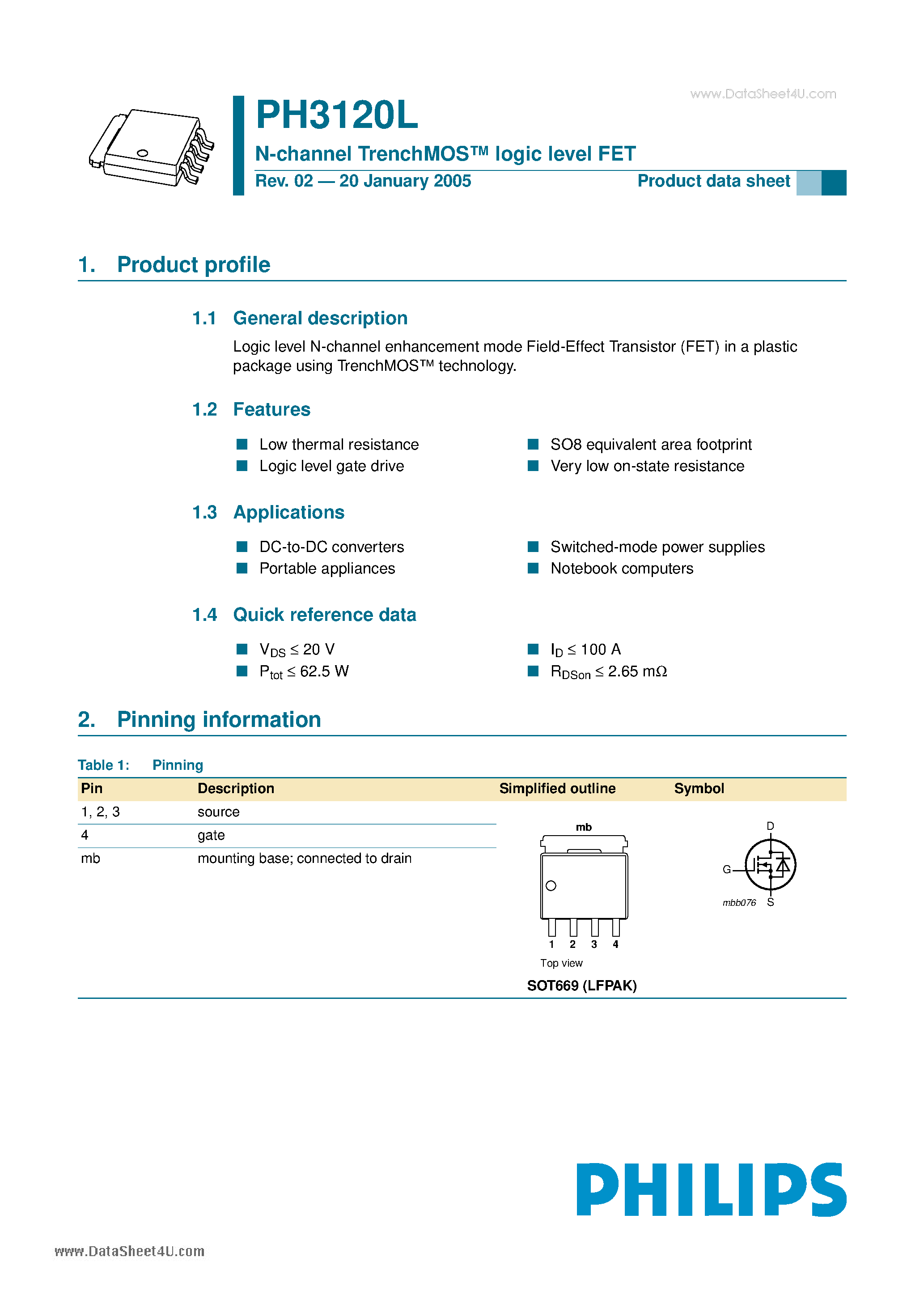 Datasheet PH3120L - N-channel TrenchMOS logic level FET page 1