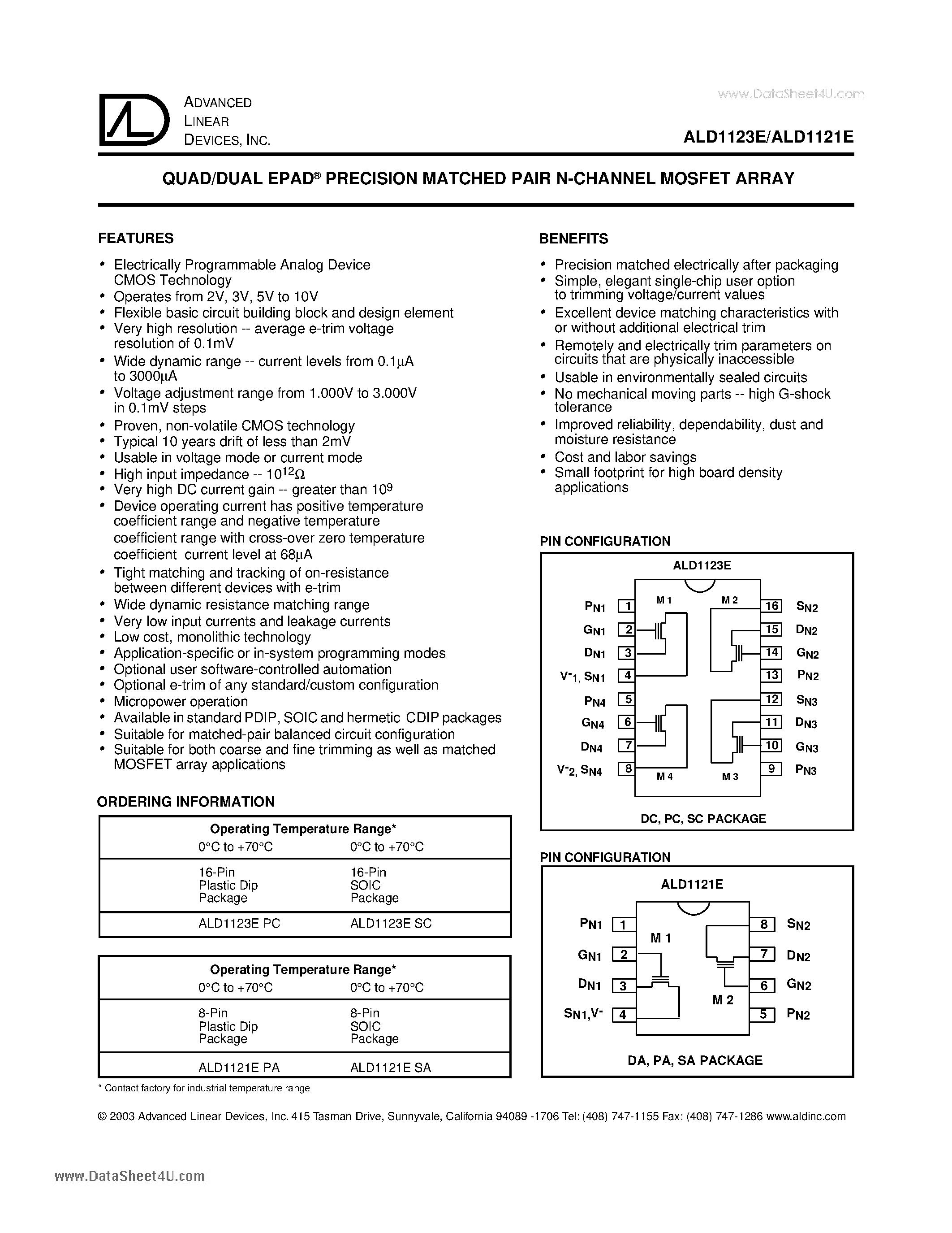 Datasheet ALD1121E - QUAD/DUAL EPAD PRECISION MATCHED PAIR N-CHANNEL MOSFET ARRAY page 1