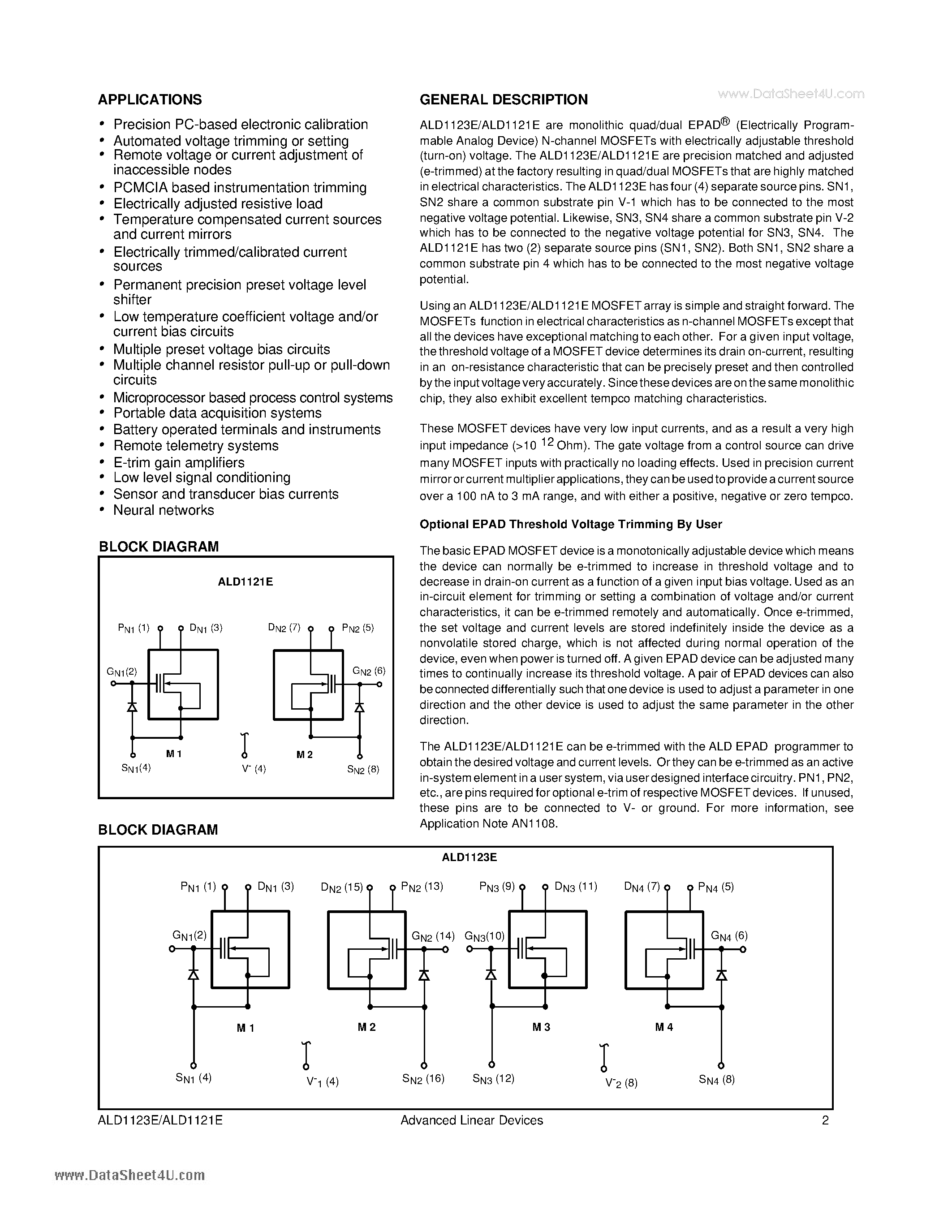 Datasheet ALD1121E - QUAD/DUAL EPAD PRECISION MATCHED PAIR N-CHANNEL MOSFET ARRAY page 2