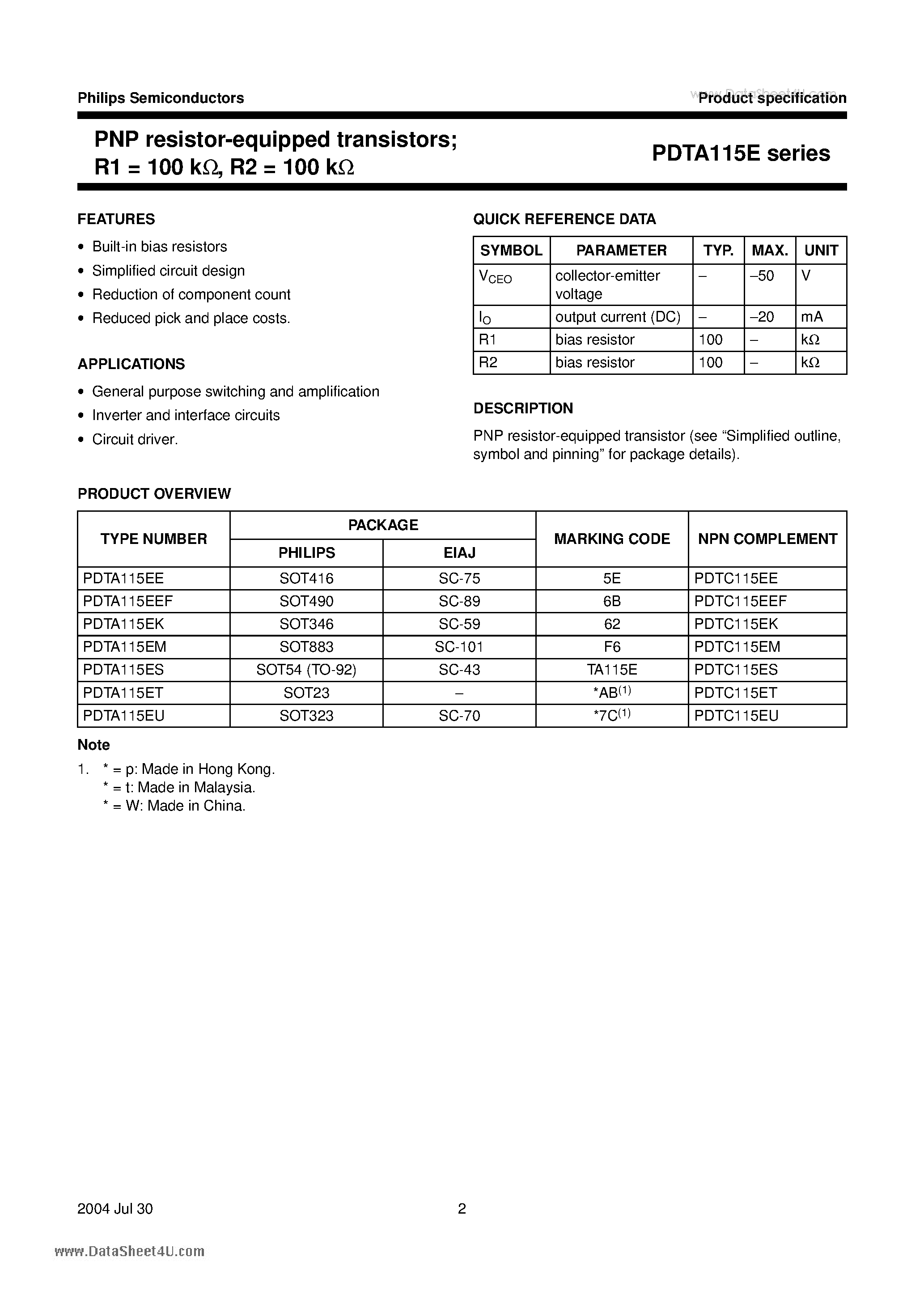 Datasheet PDTA115E - PNP resistor-equipped transistors page 2