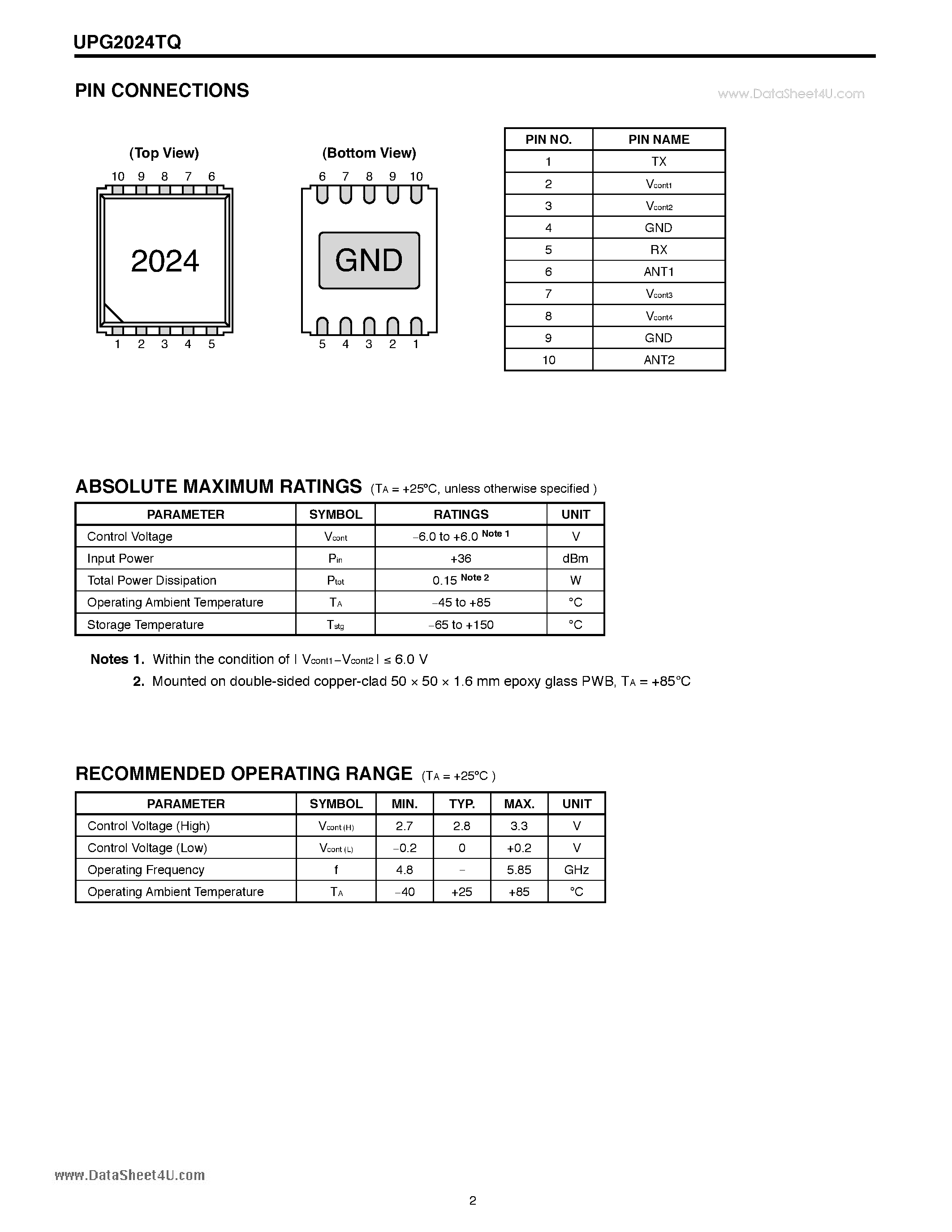Даташит на микросхему UPG2024TQ страница 2 Даташит UPG2024TQ - NECs GaAs MMIC DPDT SWITCHES страница 2