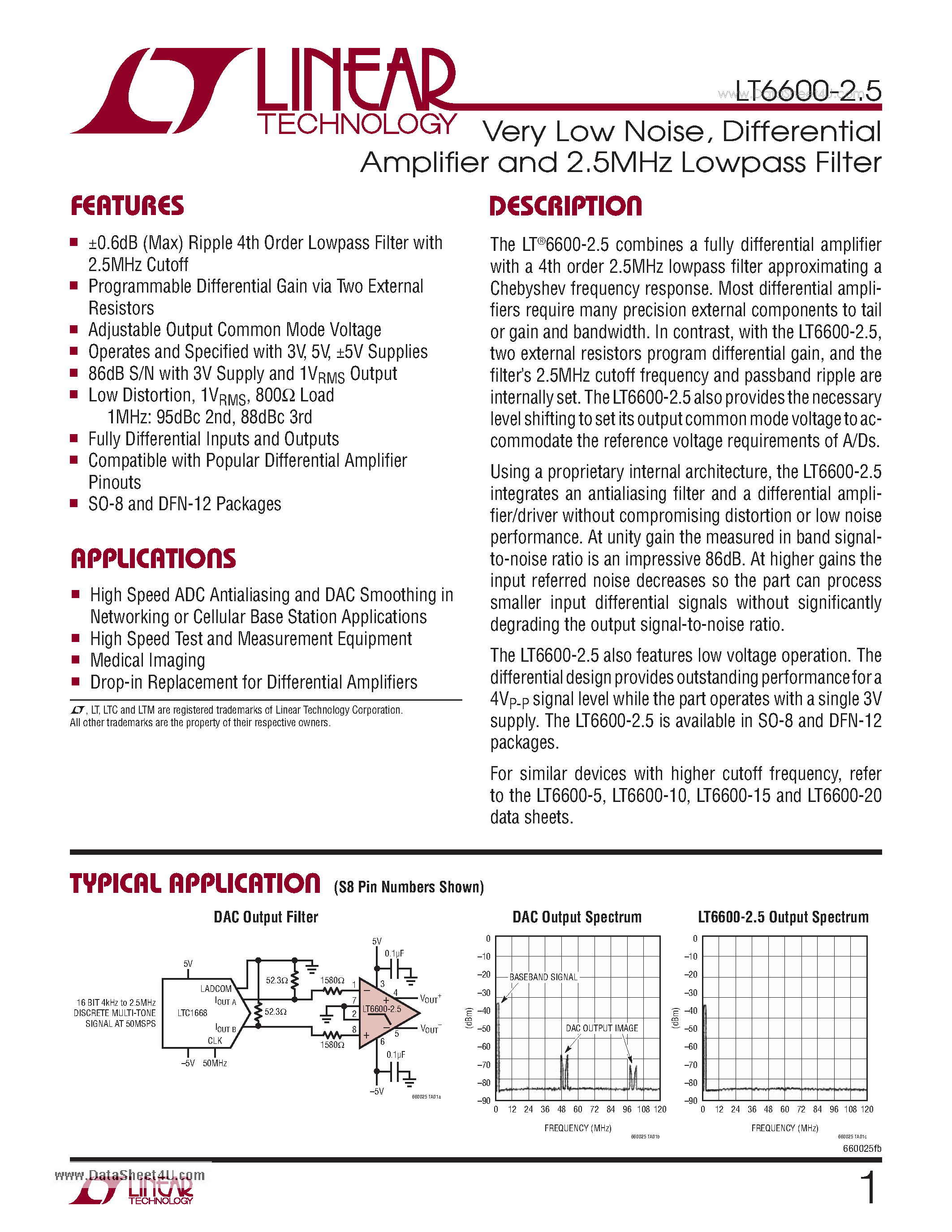Datasheet LT6600-2.5 - Very Low Noise Differential Amplifier and 2.5MHz Lowpass Filter page 1