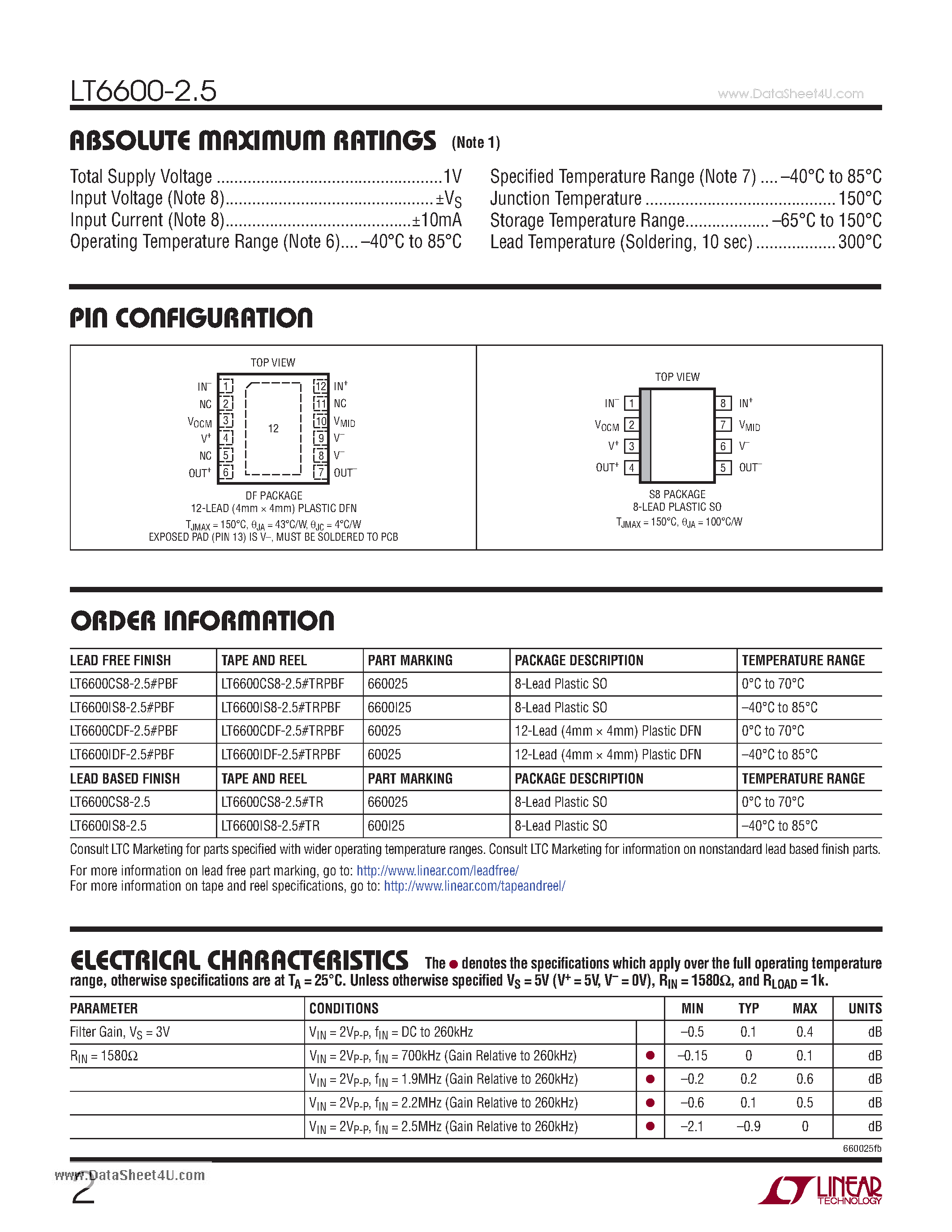 Datasheet LT6600-2.5 - Very Low Noise Differential Amplifier and 2.5MHz Lowpass Filter page 2