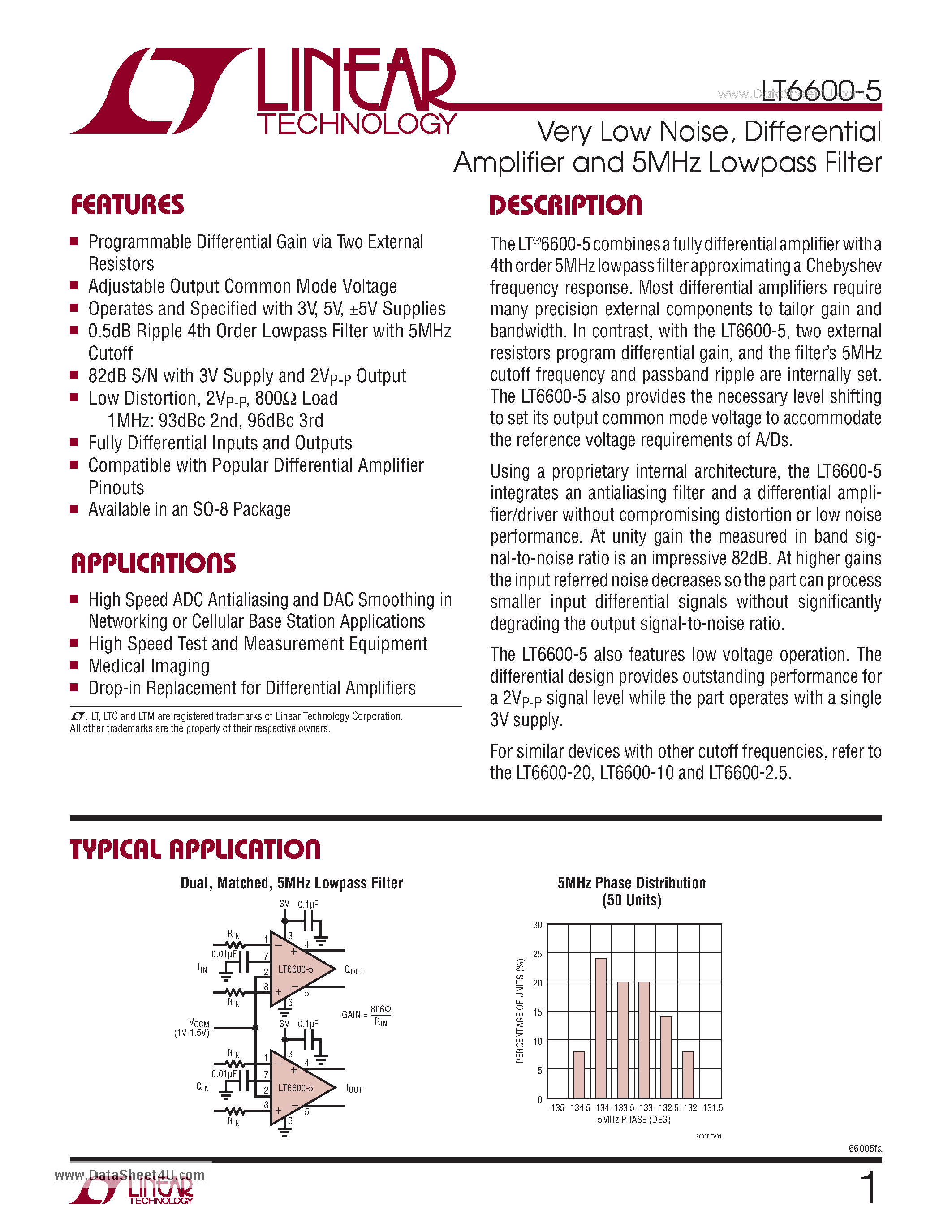 Datasheet LT6600-5 - Very Low Noise Differential Amplifier and 5MHz Lowpass Filter page 1