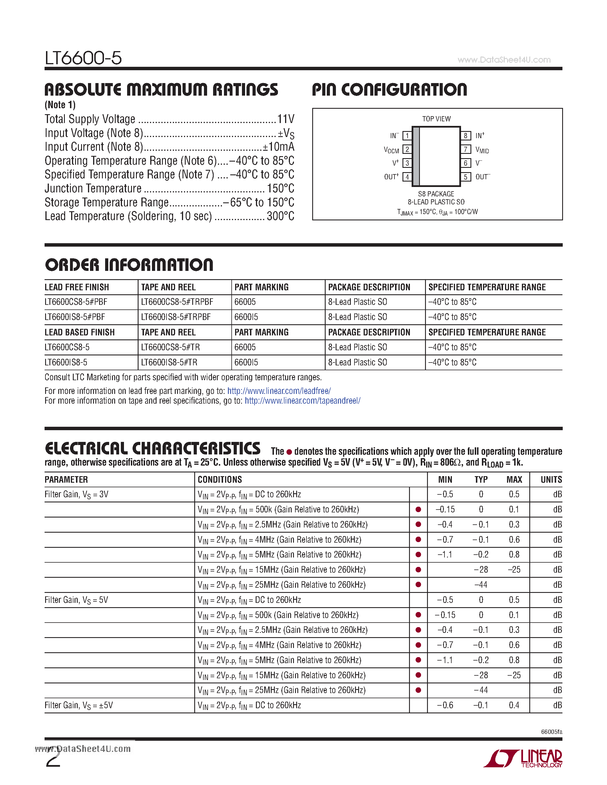 Datasheet LT6600-5 - Very Low Noise Differential Amplifier and 5MHz Lowpass Filter page 2