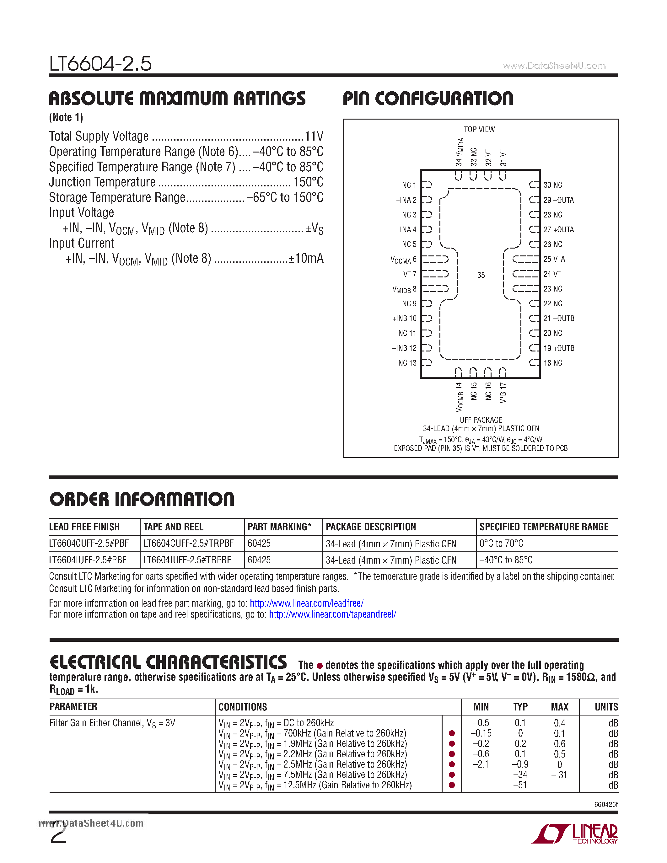 Datasheet LT6604-2.5 - Dual Very Low Noise Differential Amplifier and 2.5MHz Lowpass Filter page 2