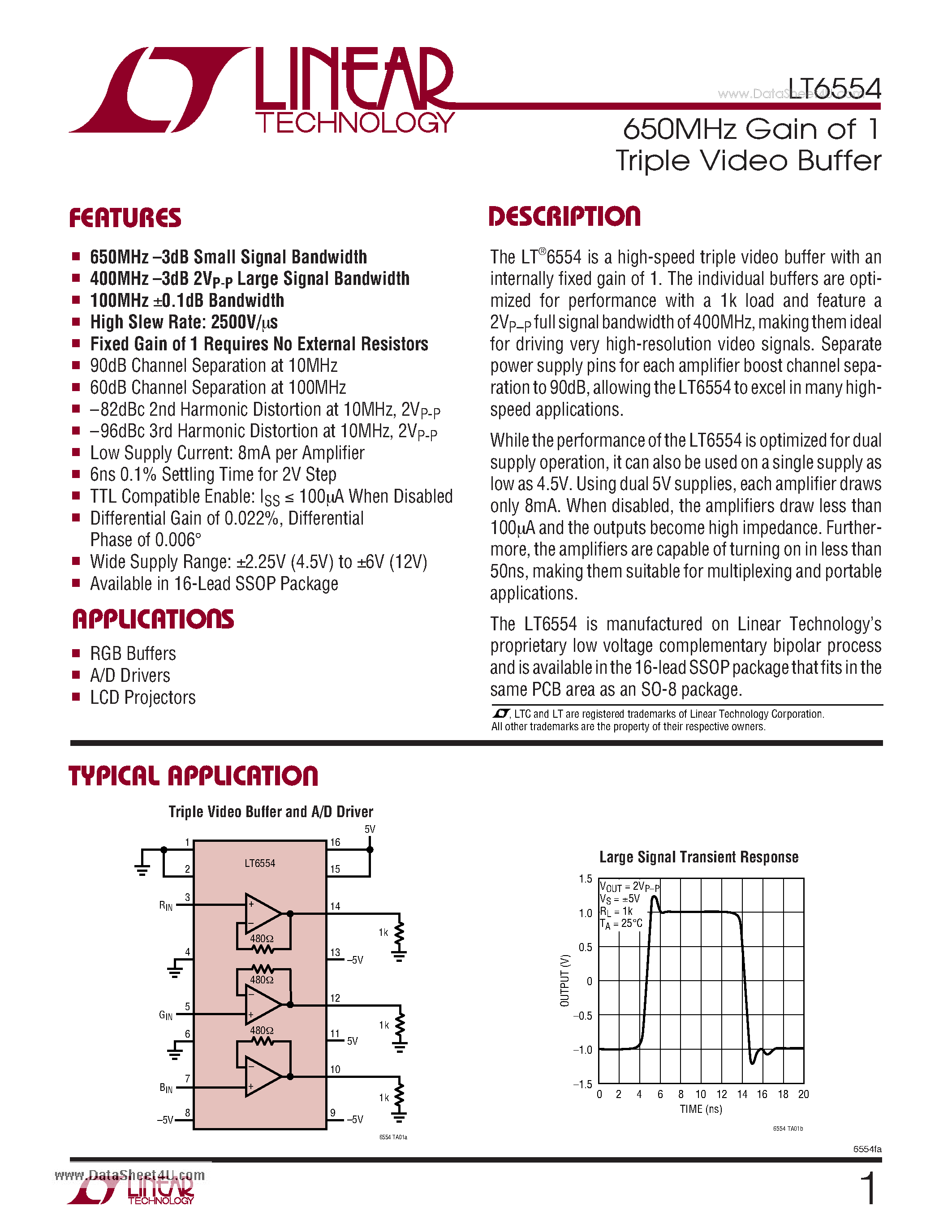 Даташит на микросхему LT6554 страница 1 Даташит LT6554 - 650MHz Gain of 1 Triple Video Buffer страница 1