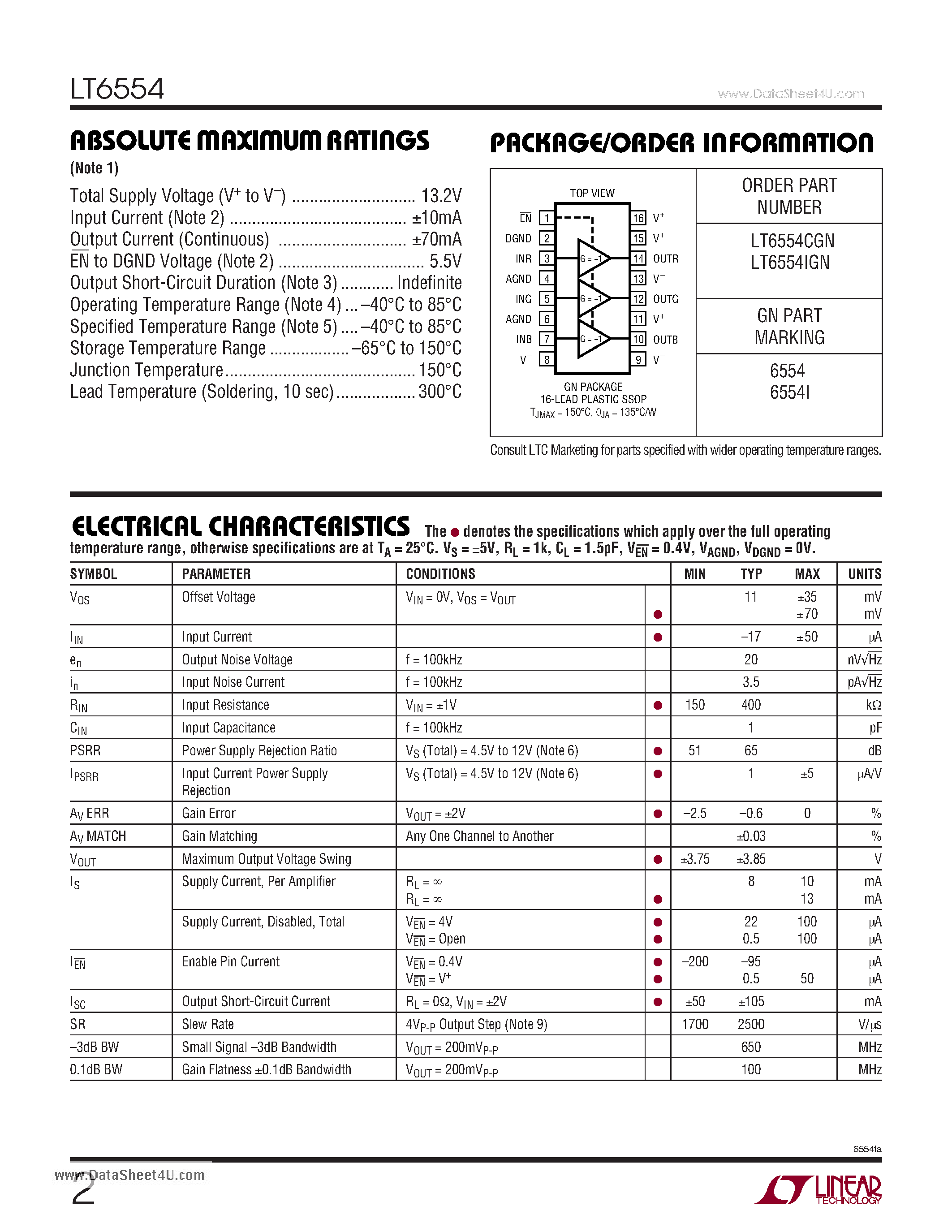 Даташит на микросхему LT6554 страница 2 Даташит LT6554 - 650MHz Gain of 1 Triple Video Buffer страница 2