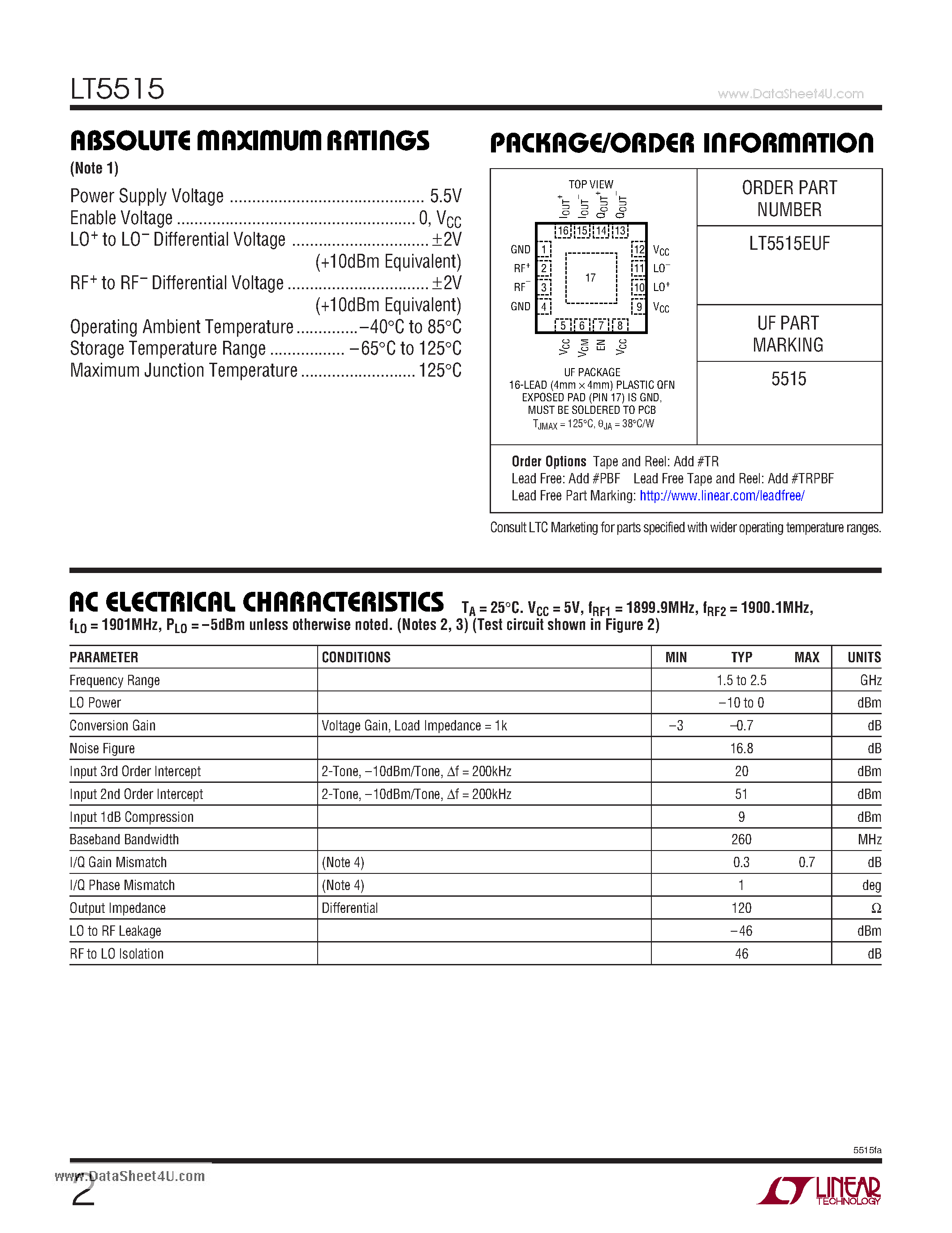 Даташит LT5515 - 1.5GHz to 2.5GHz Direct Conversion Quadrature Demodulator страница 2