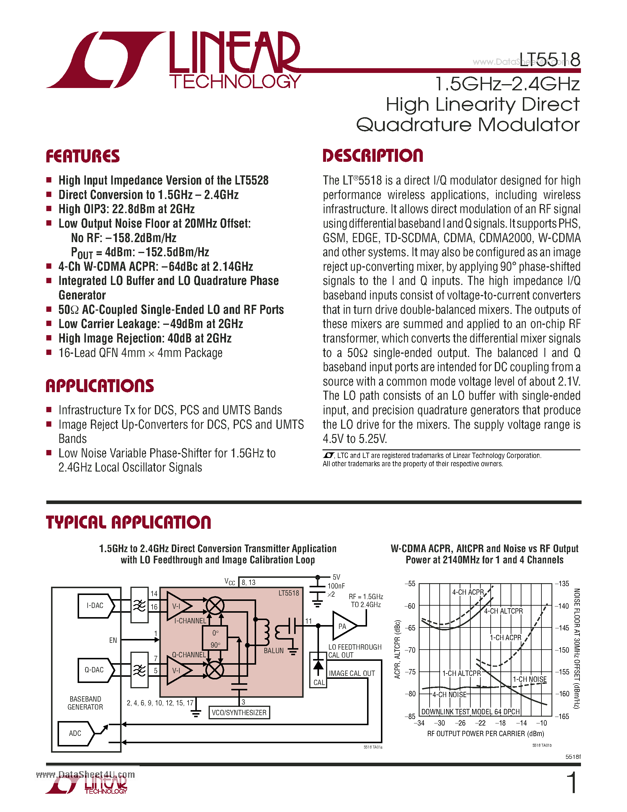 Даташит LT5518 - 1.5GHz - 2.4GHz High Linearity Direct Quadrature Modulator страница 1