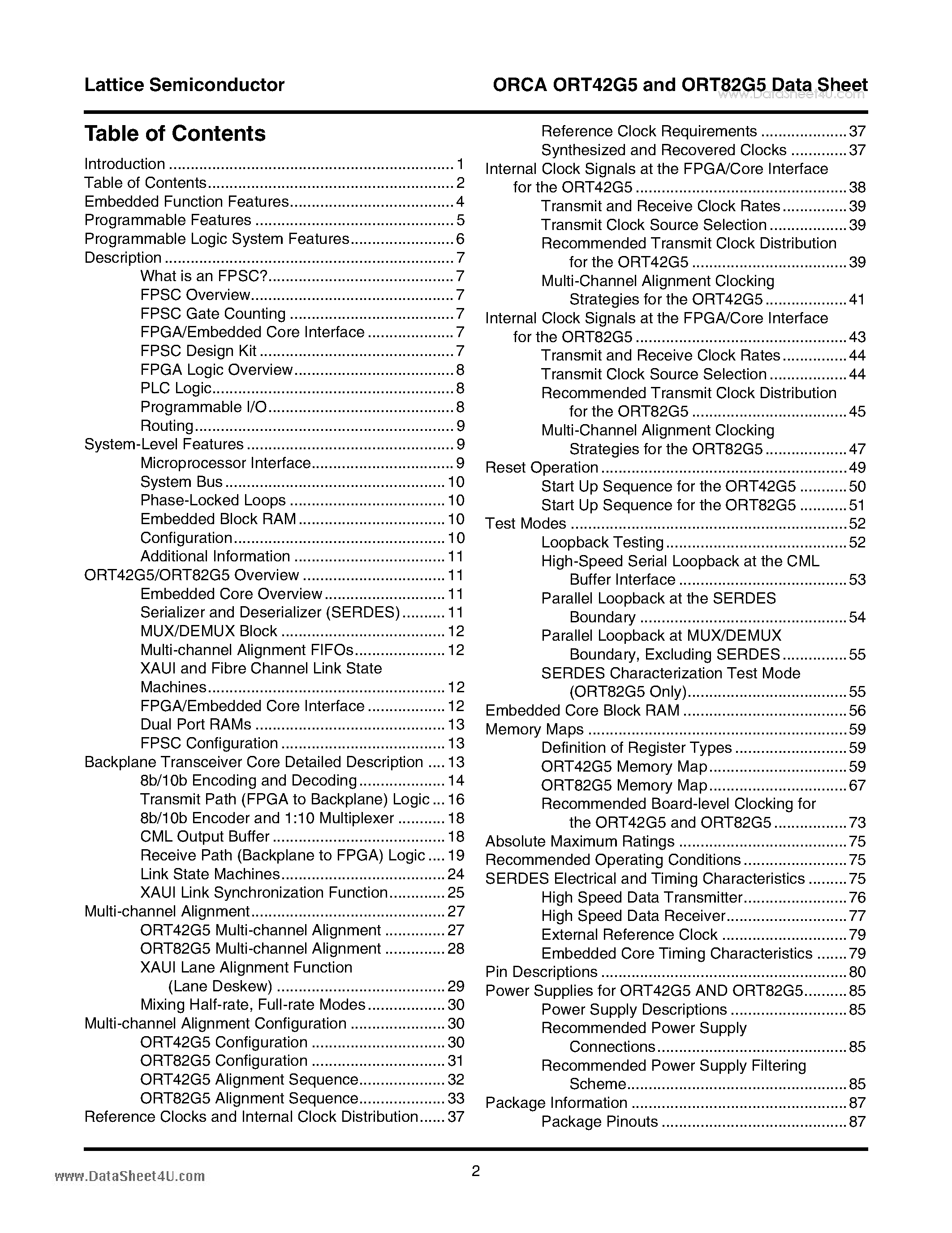Даташит ORT82G5 - 0.6 to 3.7 Gbps XAUI and FC FPSCs страница 2