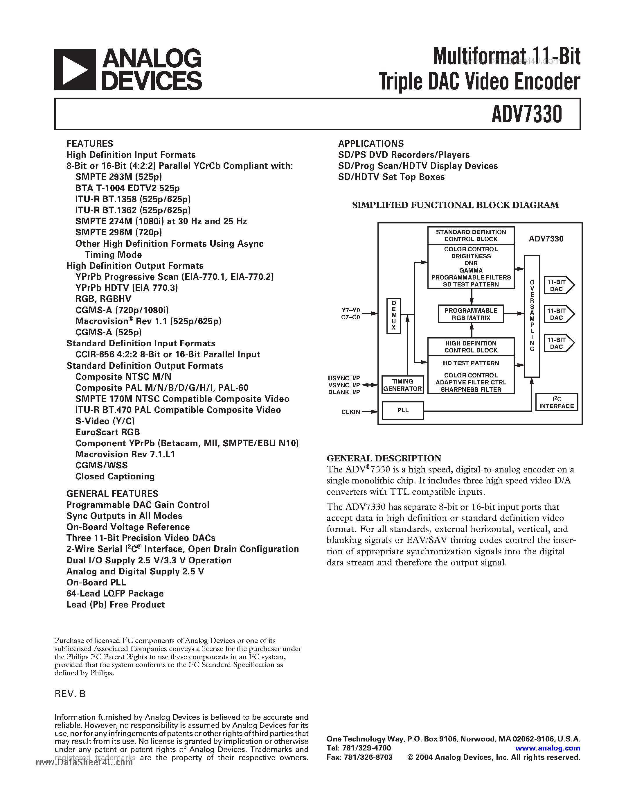 Datasheet ADV7330 - Multiformat 11-Bit Triple DAC Video Encoder page 1