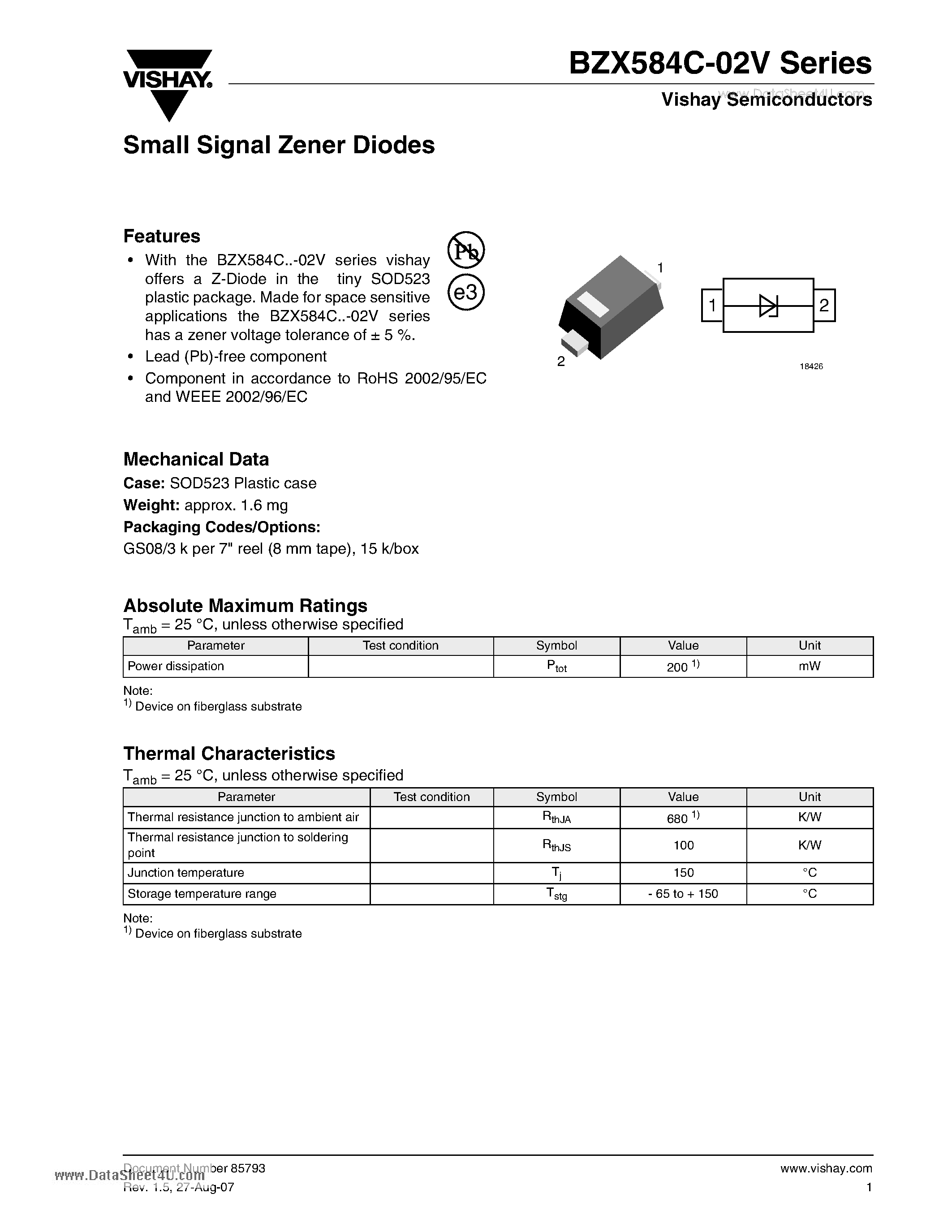 Datasheet BZX584C-02V - Small Signal Zener Diodes page 1