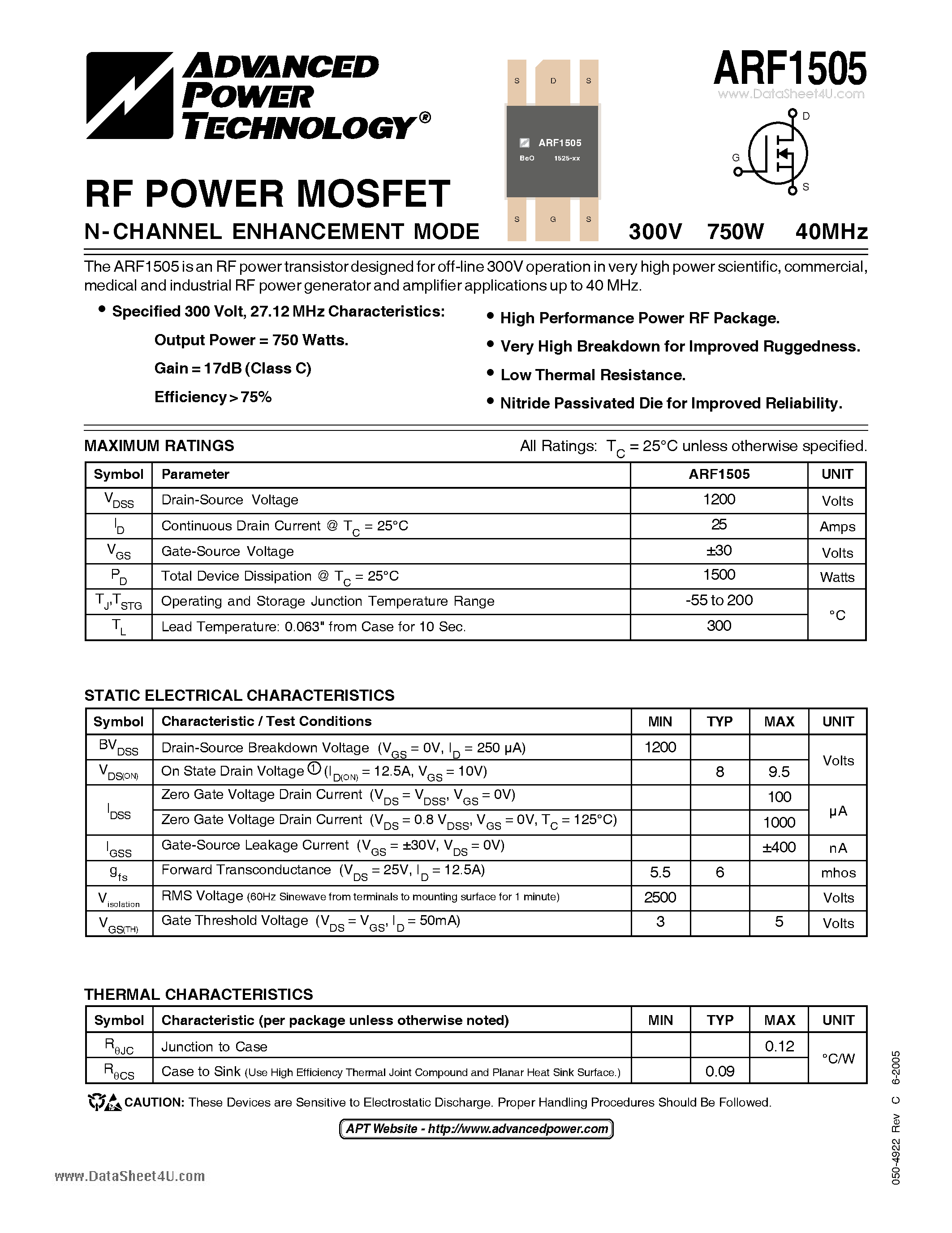 Datasheet ARF1505 - N-CHANNEL ENHANCEMENT MODE POWER MOSFET page 1
